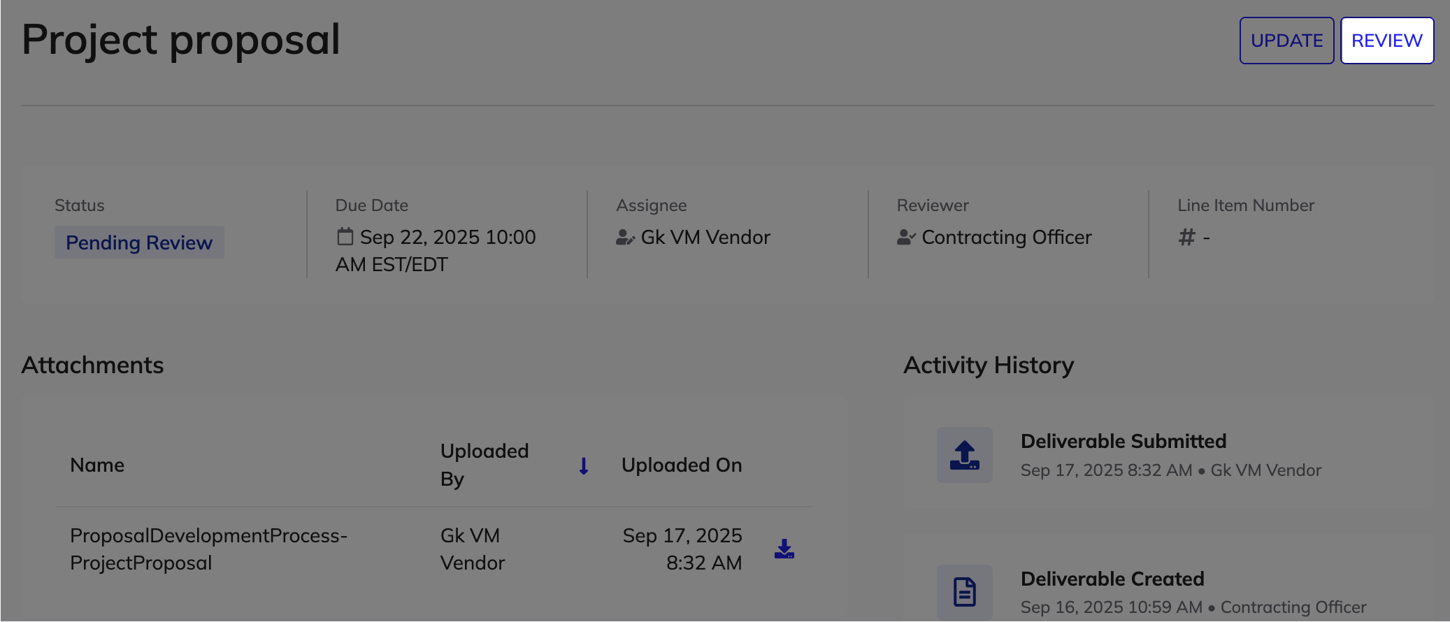 The deliverable detail page with the REVIEW button to start reviewing a submitted deliverable.
