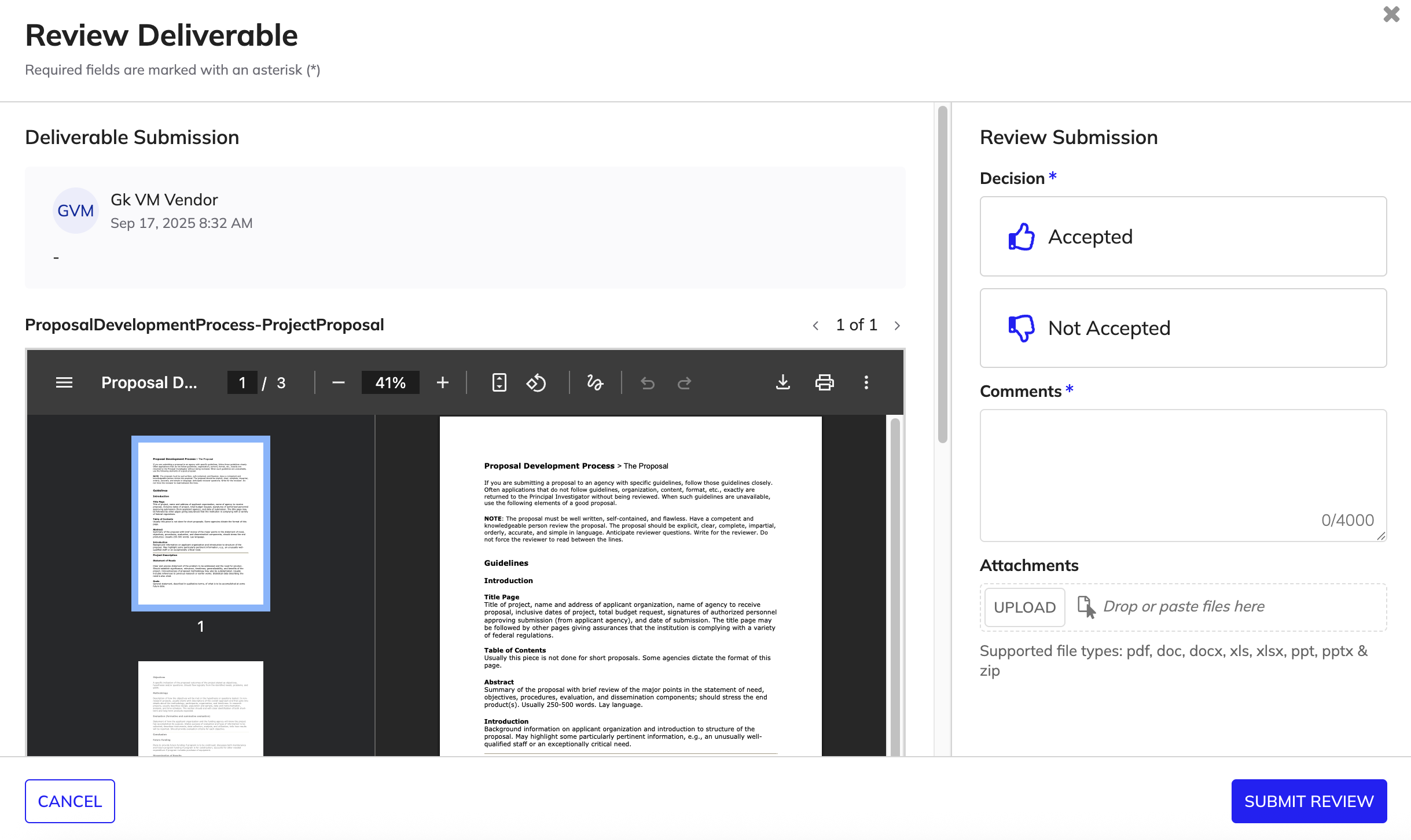 The Review Deliverable dialog showing a document preview with options to accept or reject the submission and add comments.