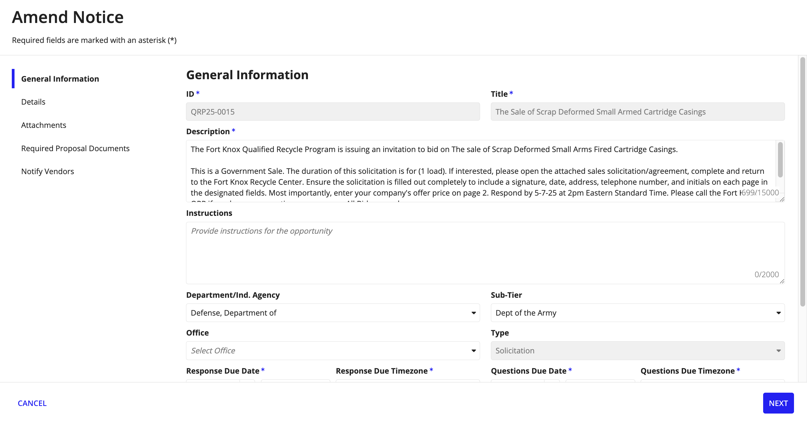 The General Information step of the Edit Opportunity wizard showing editable fields for description, instructions, department, type, and due dates.