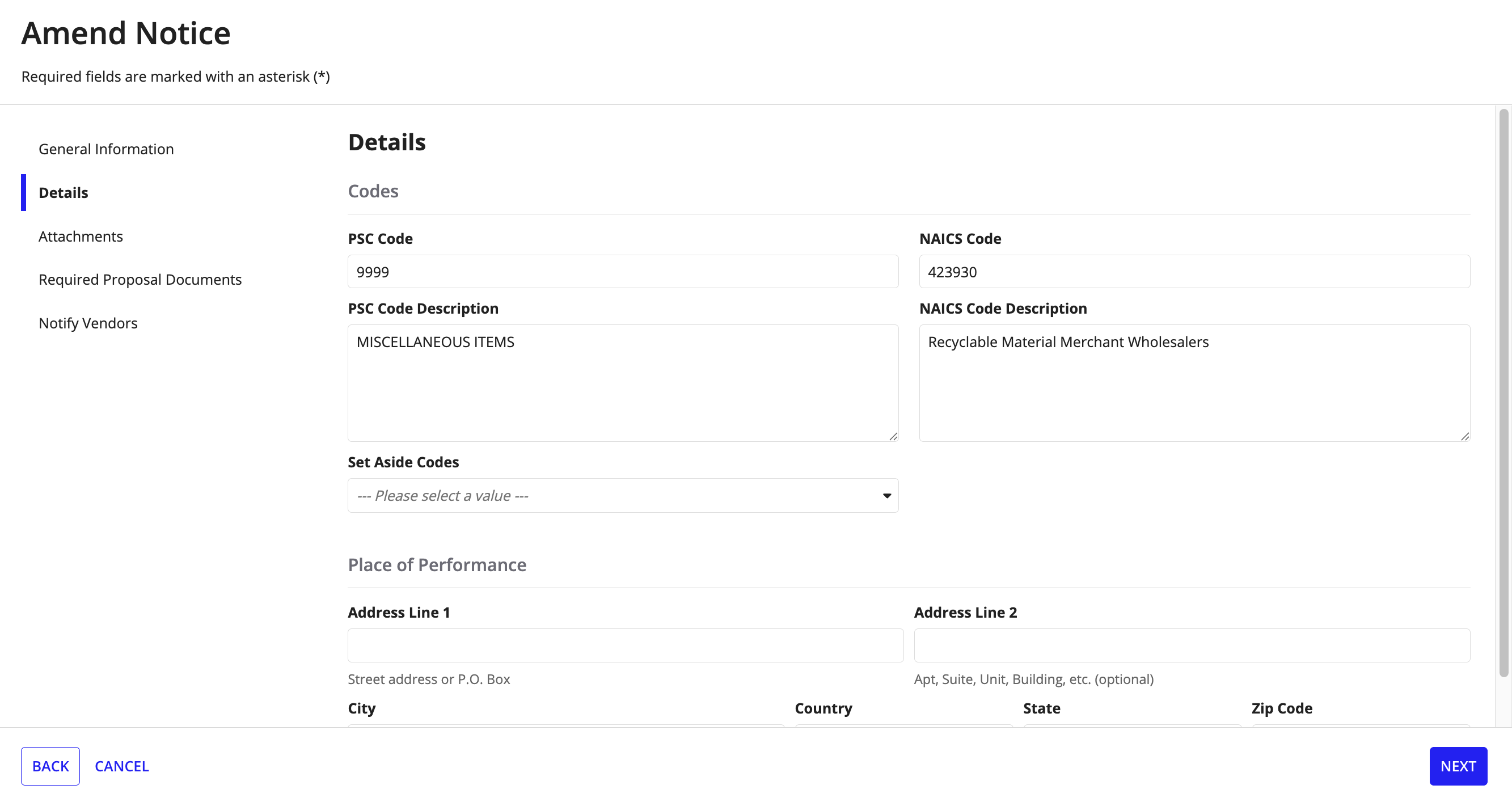 The Details step of the Edit Opportunity wizard showing editable fields for NAICS Code, NIGP or PSC Code, Set Aside Codes, and Place of Performance.