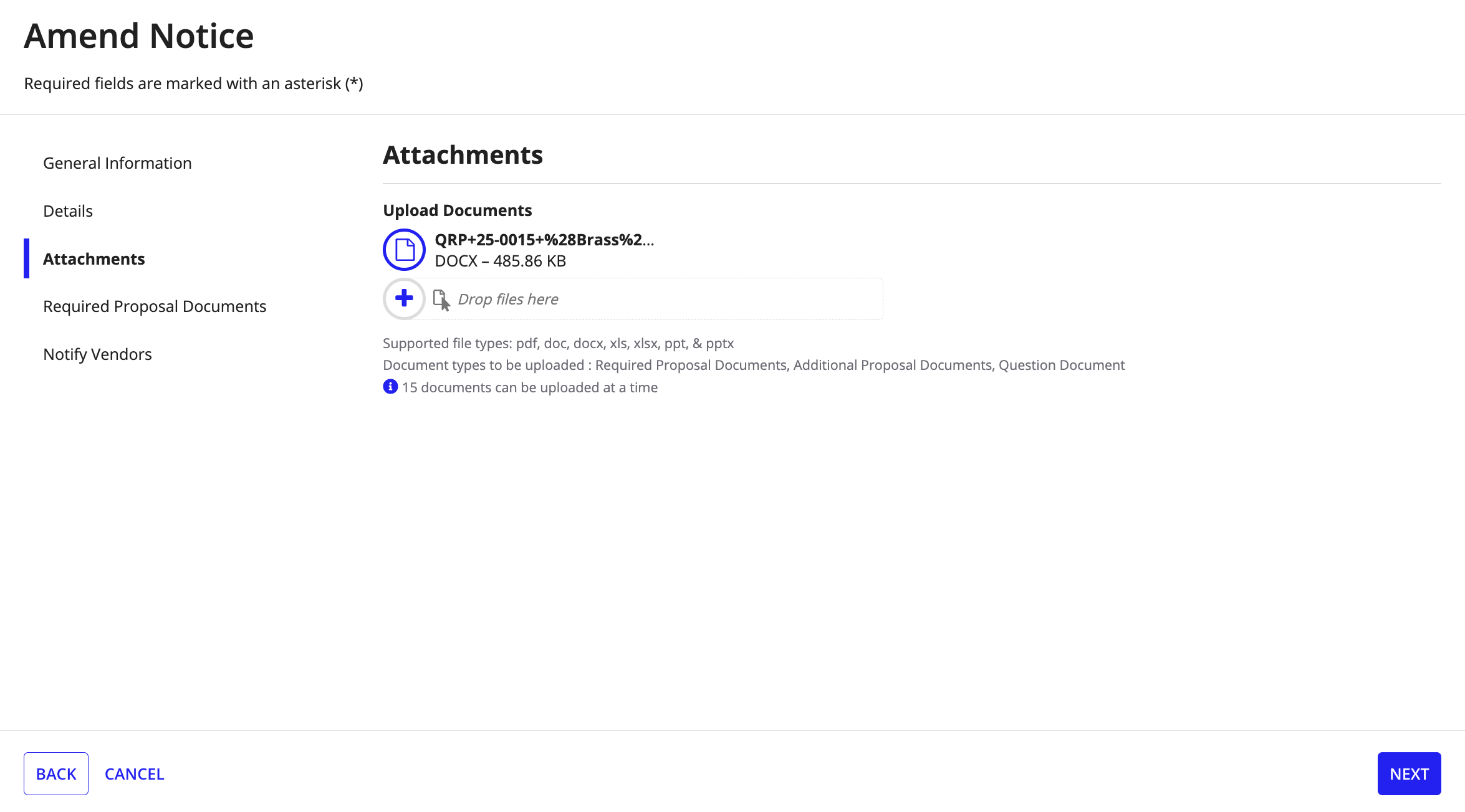 The Attachments step of the Edit Opportunity wizard showing uploaded documents with options to add or remove attachments.