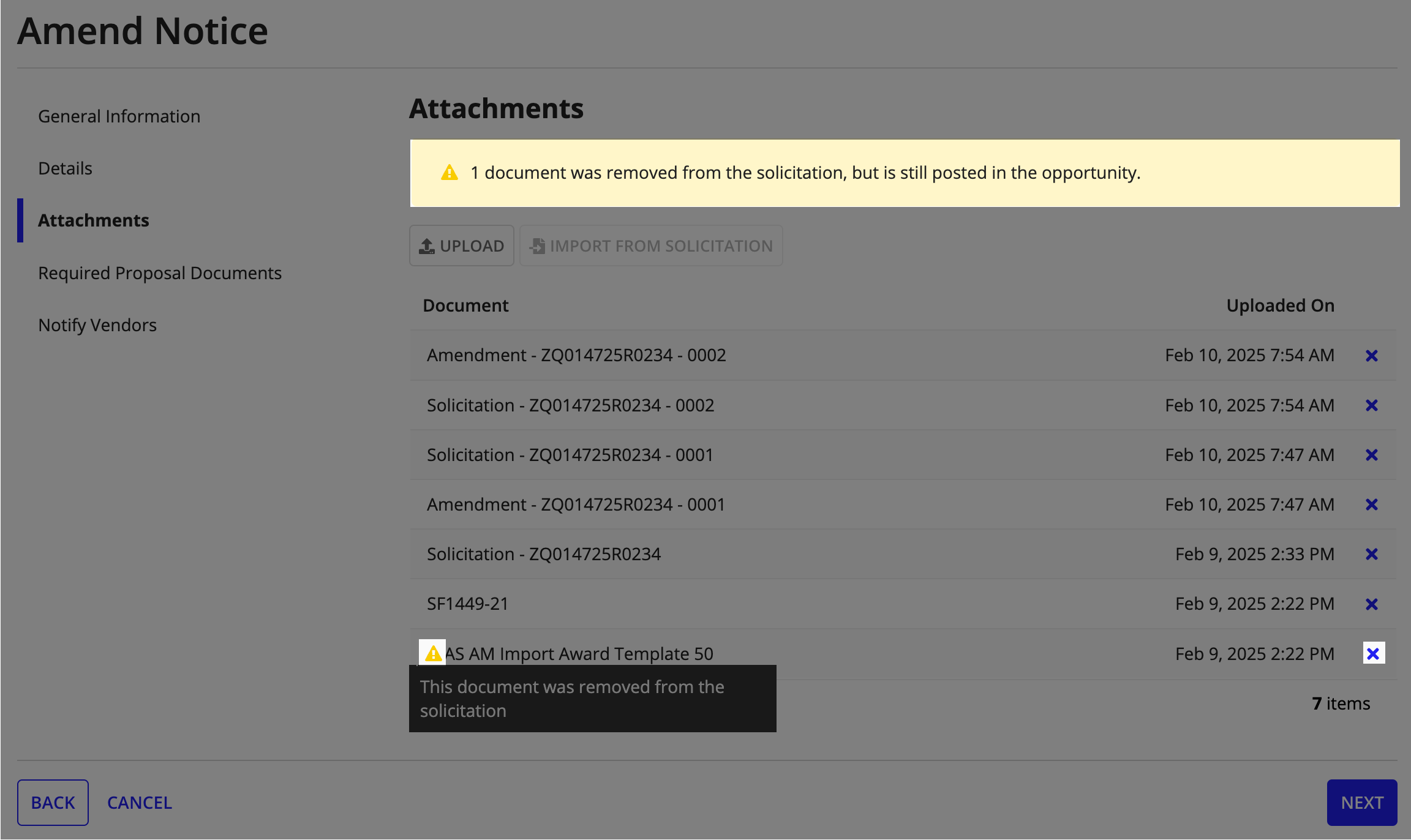 The Attachments step showing a warning icon for documents removed from the linked AM or GCW solicitation, with a delete option to remove them.