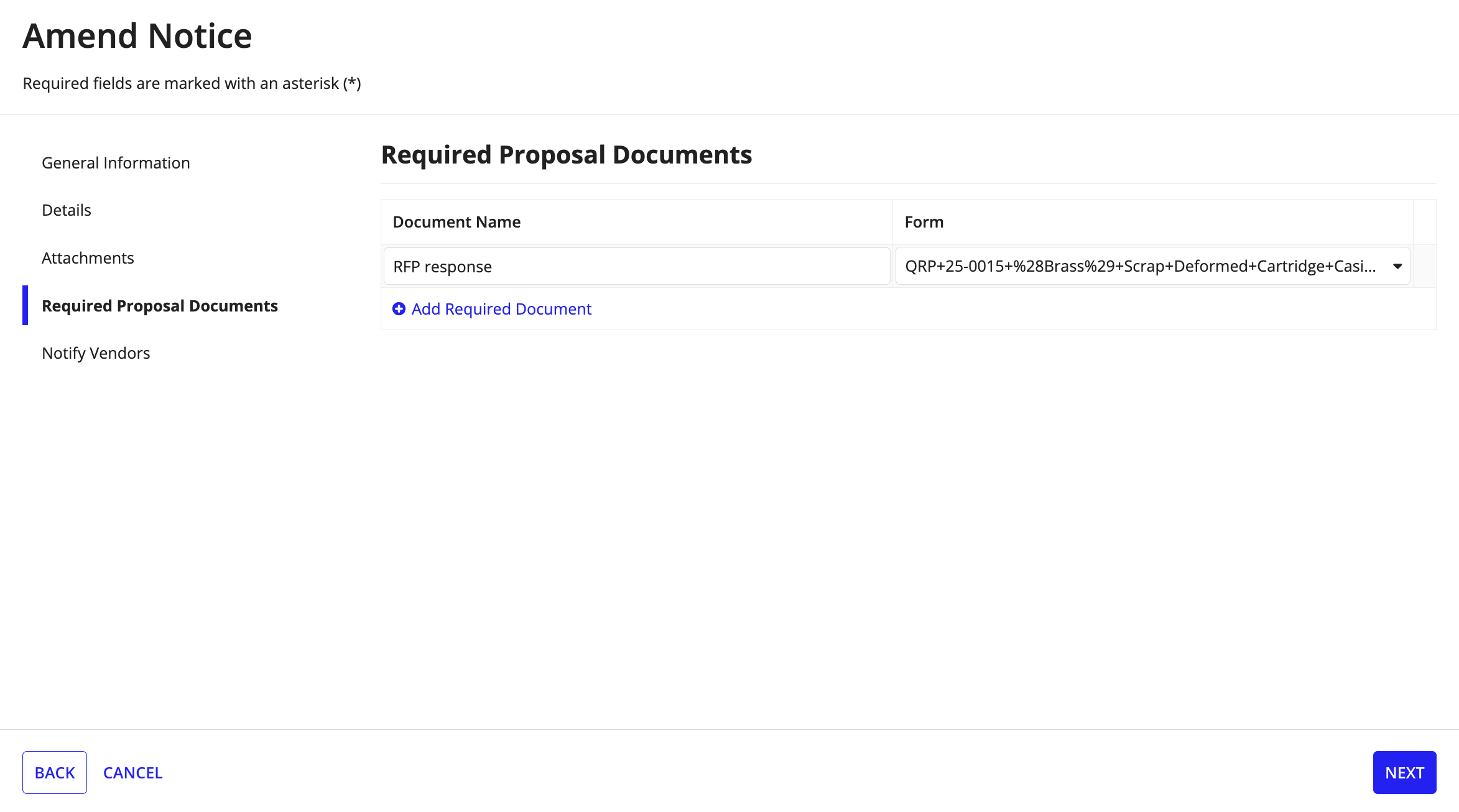 The Required Proposal Documents step of the Edit Opportunity wizard showing the list of required vendor submission documents.