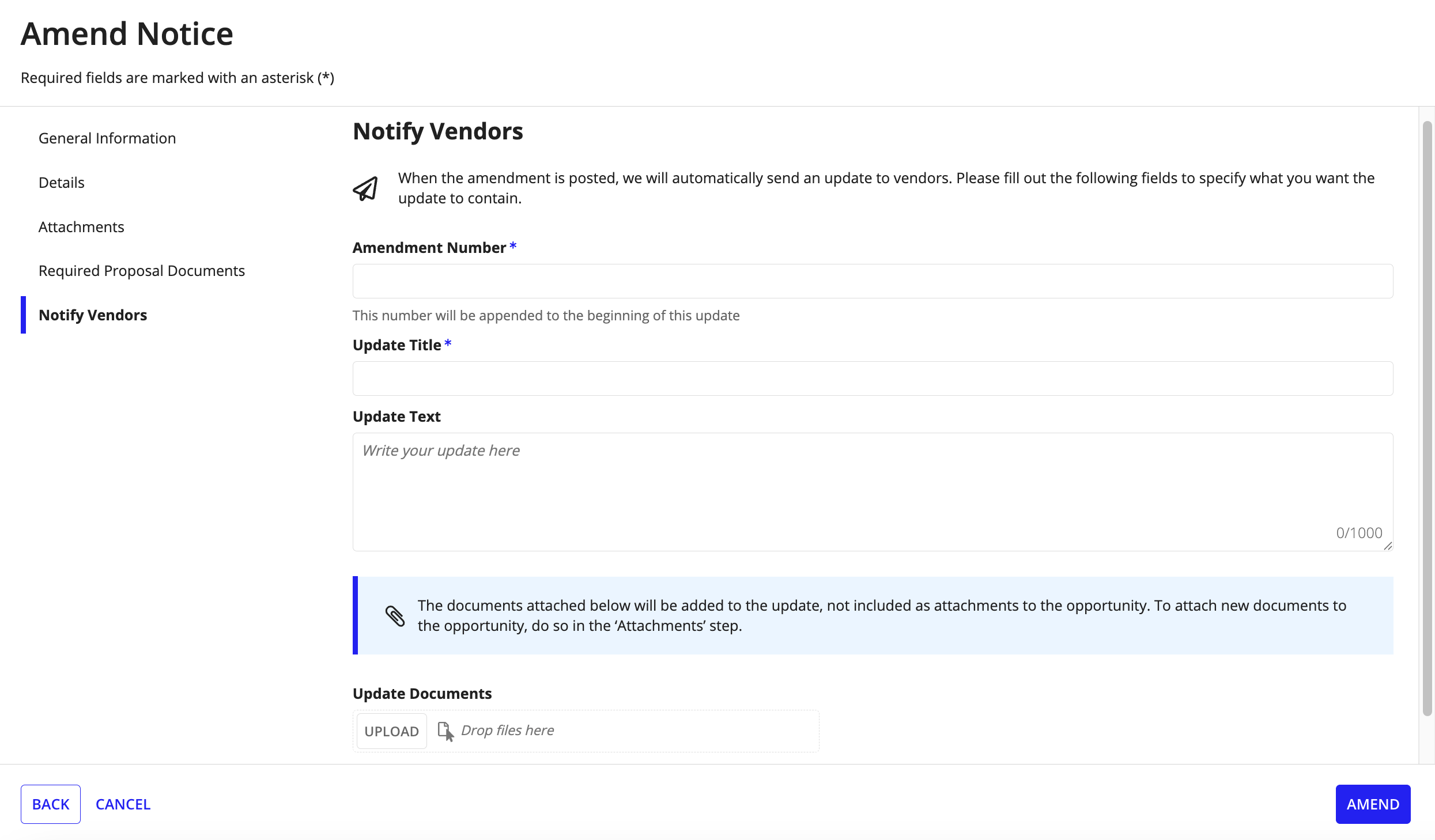 The Notify Vendors step of the Amend Notice wizard with fields for amendment number, title, description, and document attachments.