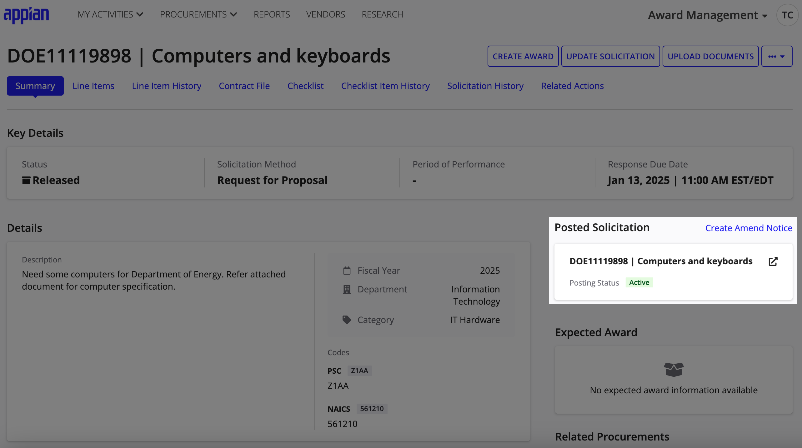 The Solicitation Summary page in Award Management showing the Create Amend Notice button in the Posted Solicitation section.