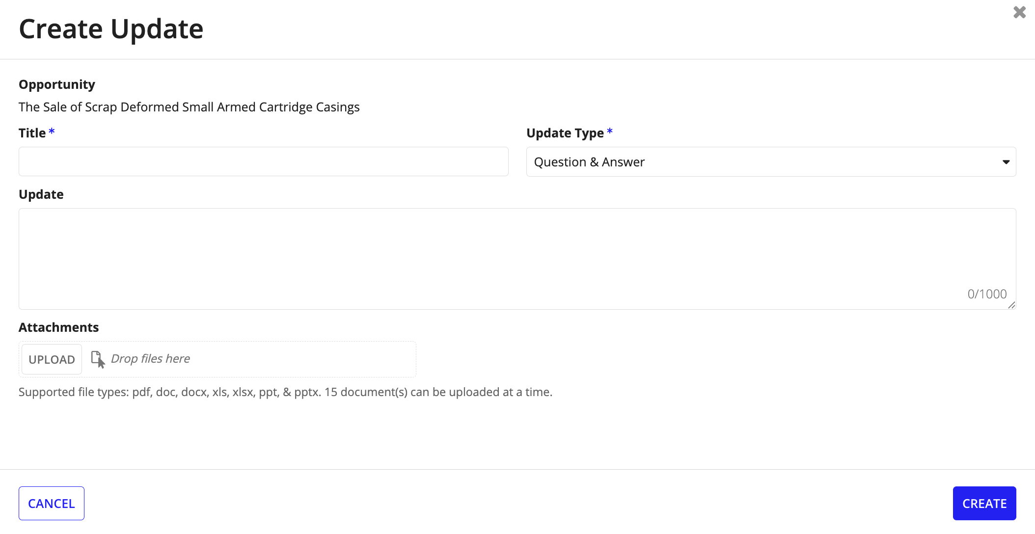 The Create Update form with fields for Title, Update Type, Update description, and Attachments.