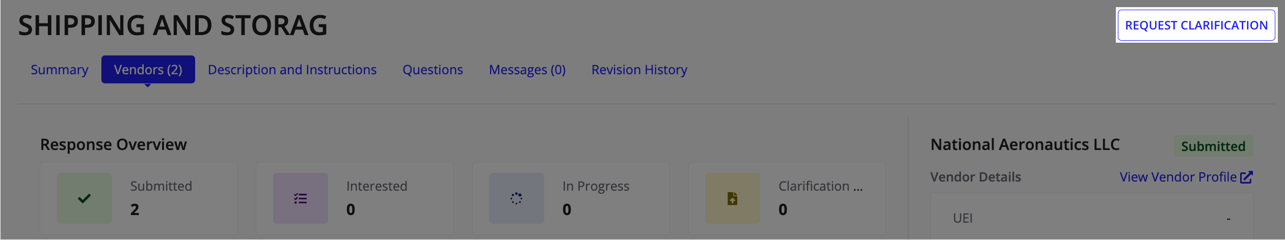 The Vendors tab showing the REQUEST CLARIFICATION button to request additional information from vendors on their sealed bid proposals.