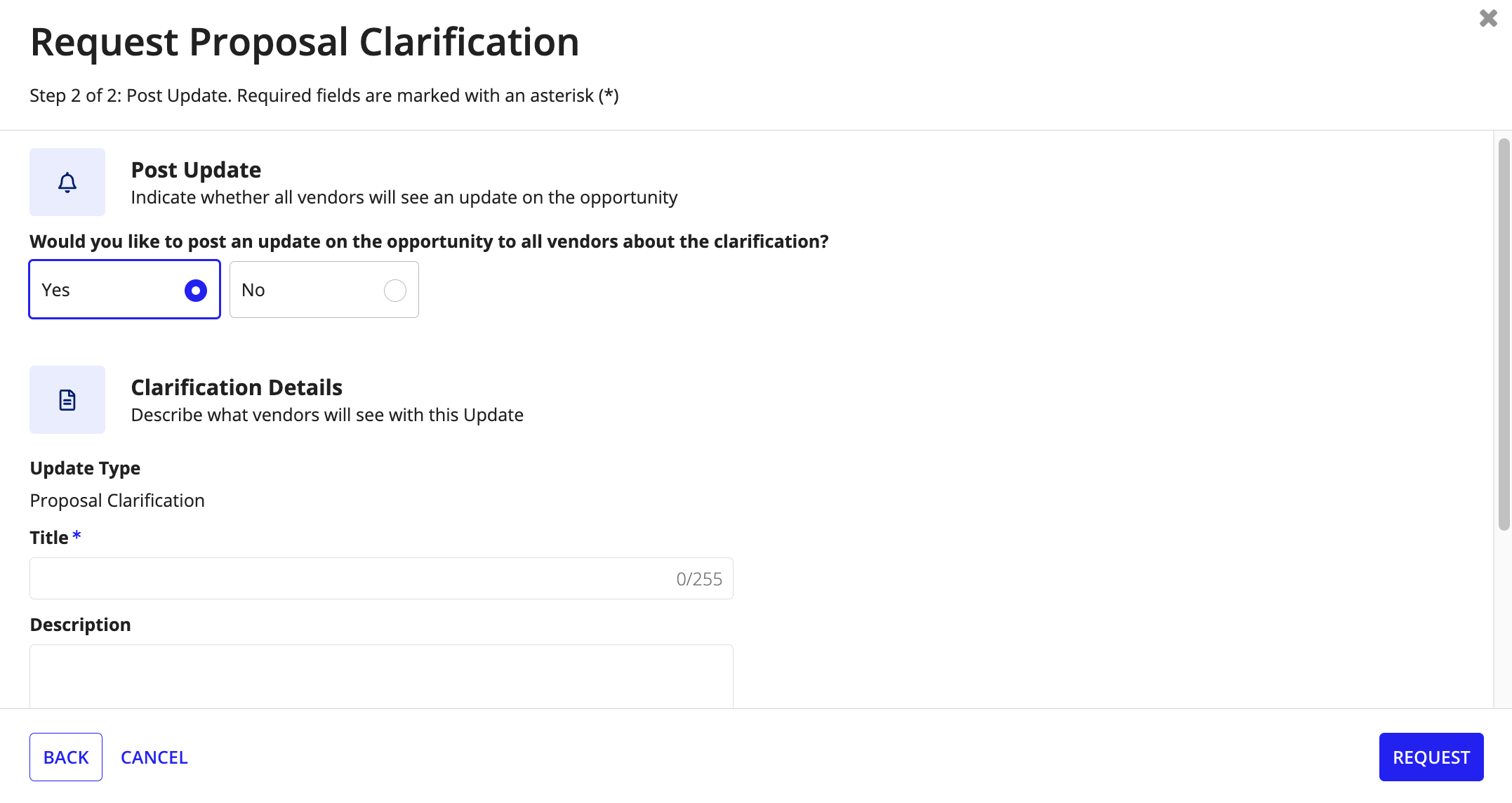 The Post Update section of the Request Proposal Clarification dialog with options to post an update and notify vendors about the clarification request.