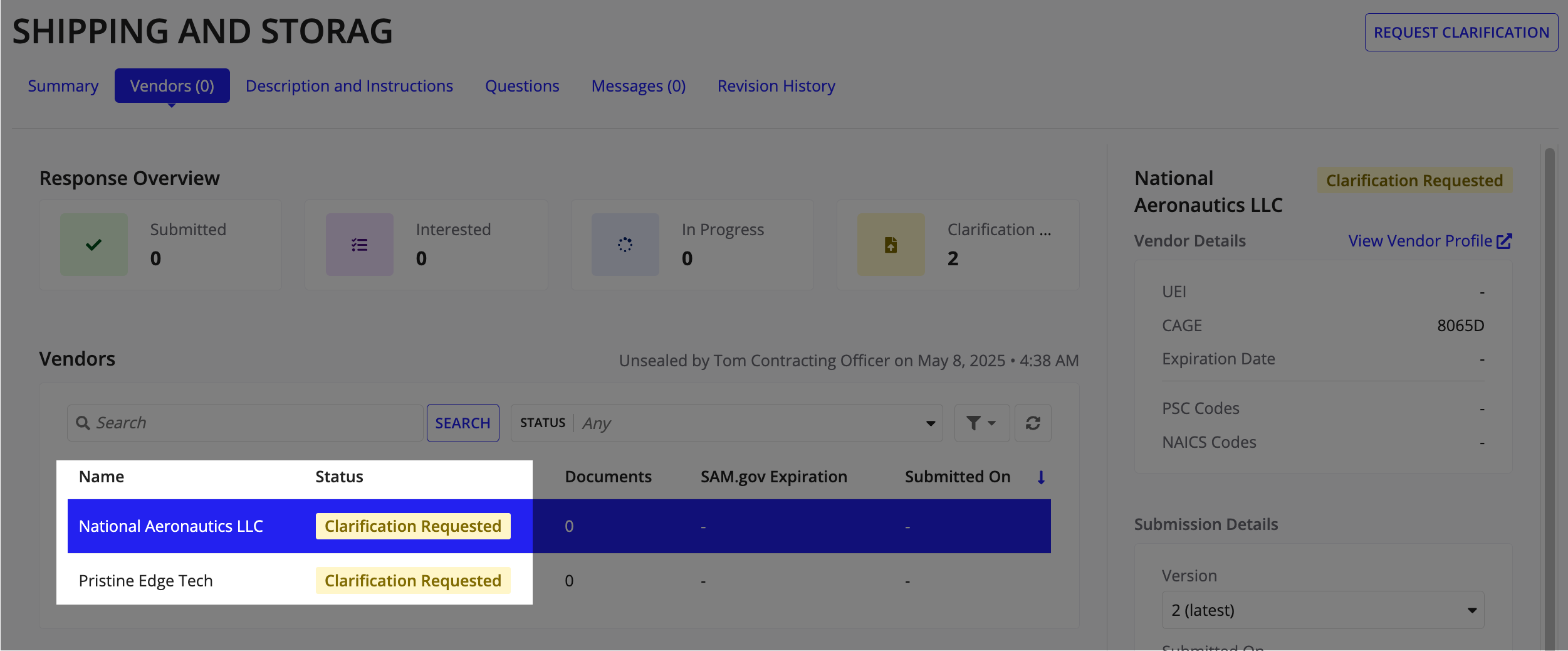 The Vendors section showing the vendor submission status updated to Clarification Requested after a clarification request.