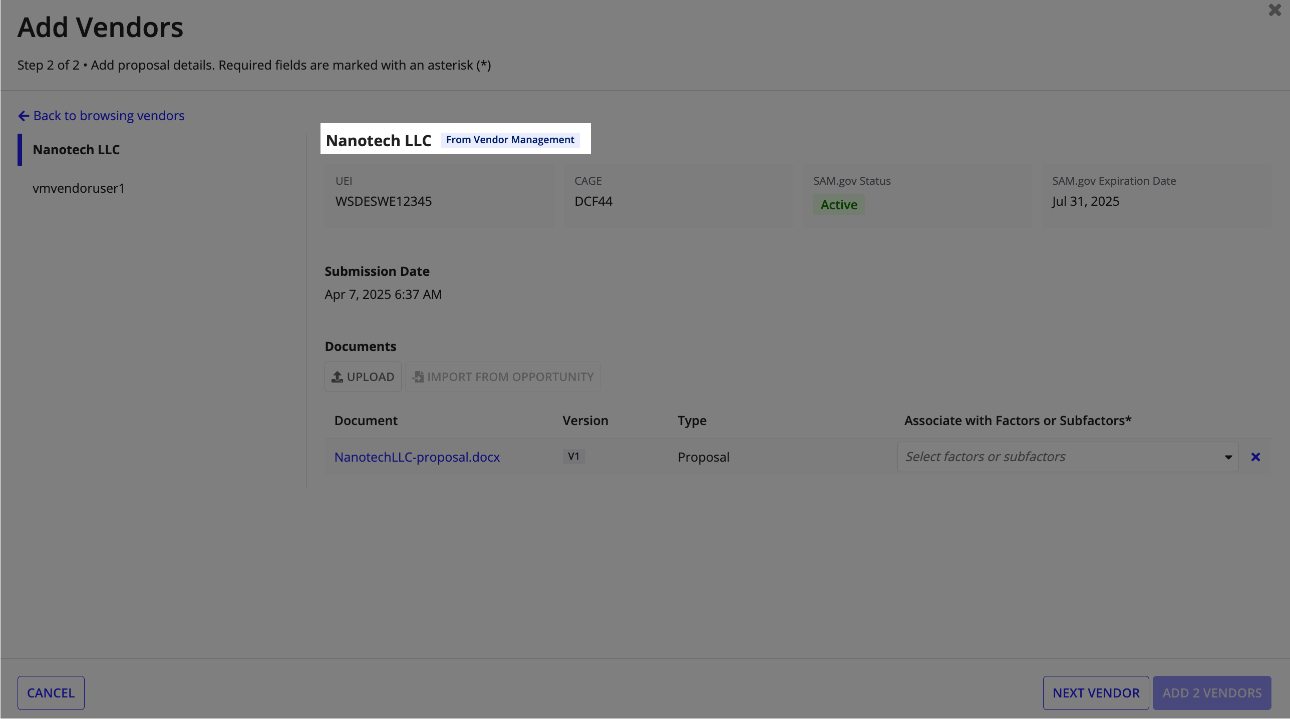 The GSS evaluation interface showing the option to pull vendors and their proposal documents from the VM opportunity.