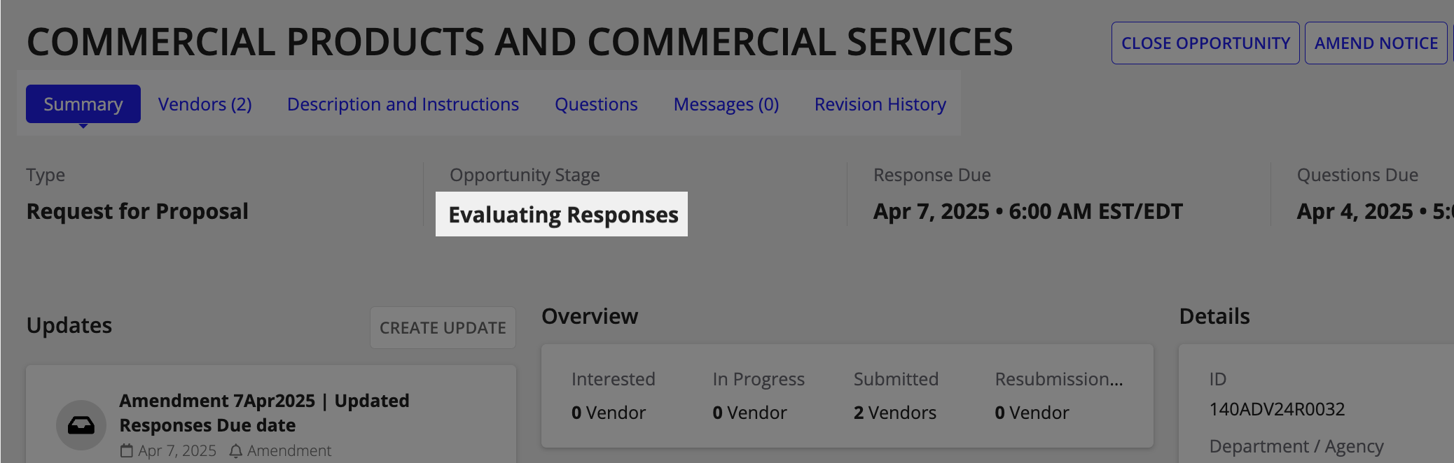 The Opportunity Summary view showing the evaluation status as Evaluating Responses or Evaluation Completed based on the GSS evaluation state.