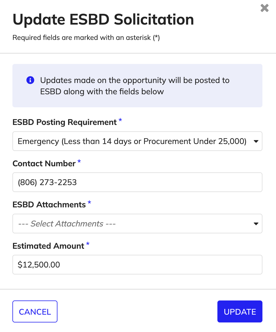 The Update ESBD Solicitation dialog with fields for ESBD Posting Requirement, Contact Number, ESBD Attachments, and Estimated Amount.