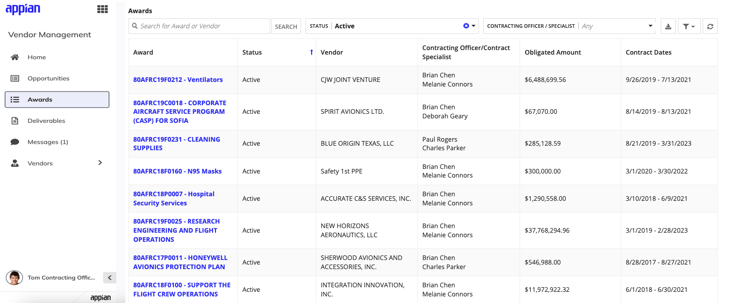 The Awards tab showing a list of awards with columns for award name, status, vendor, and contract details.