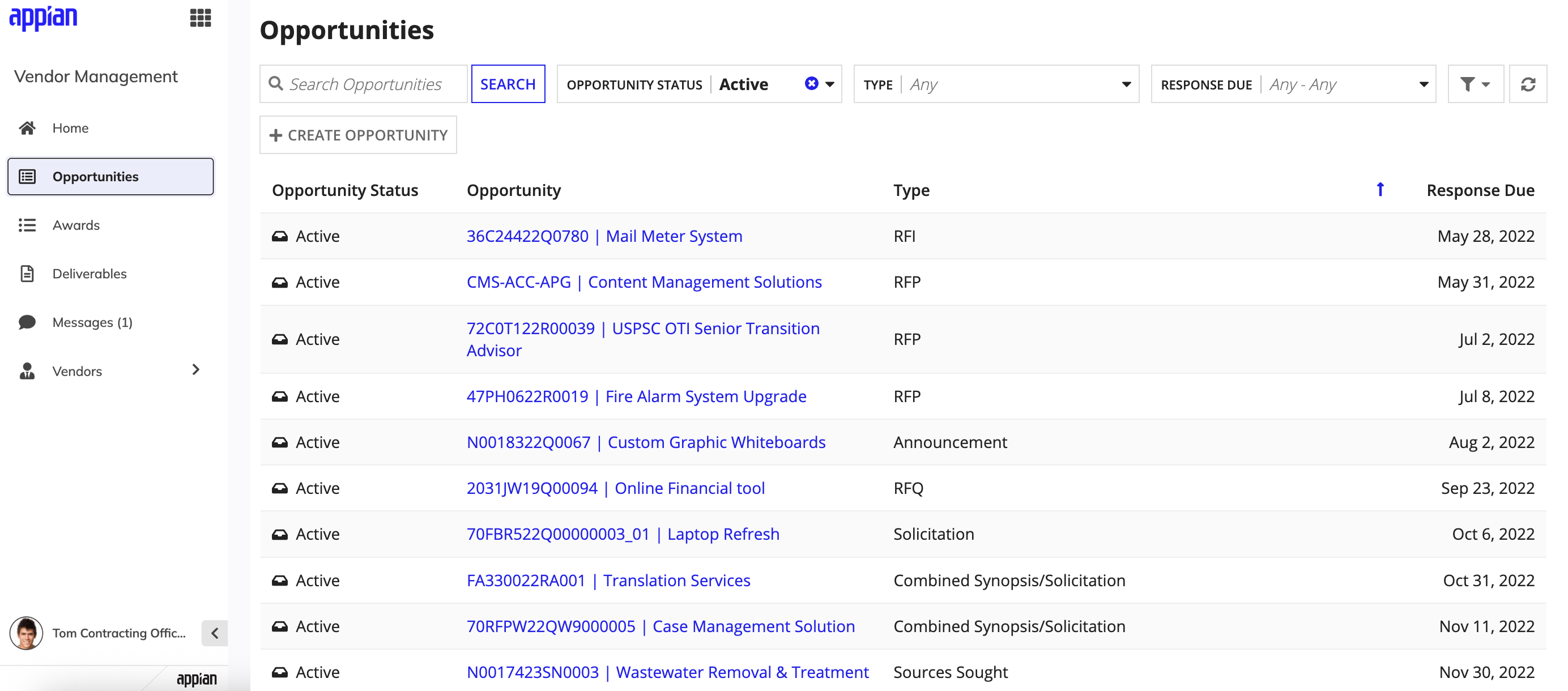 The Opportunities tab showing a grid of opportunities with columns for name, status, type, due date, and posted date, along with search and filter options.