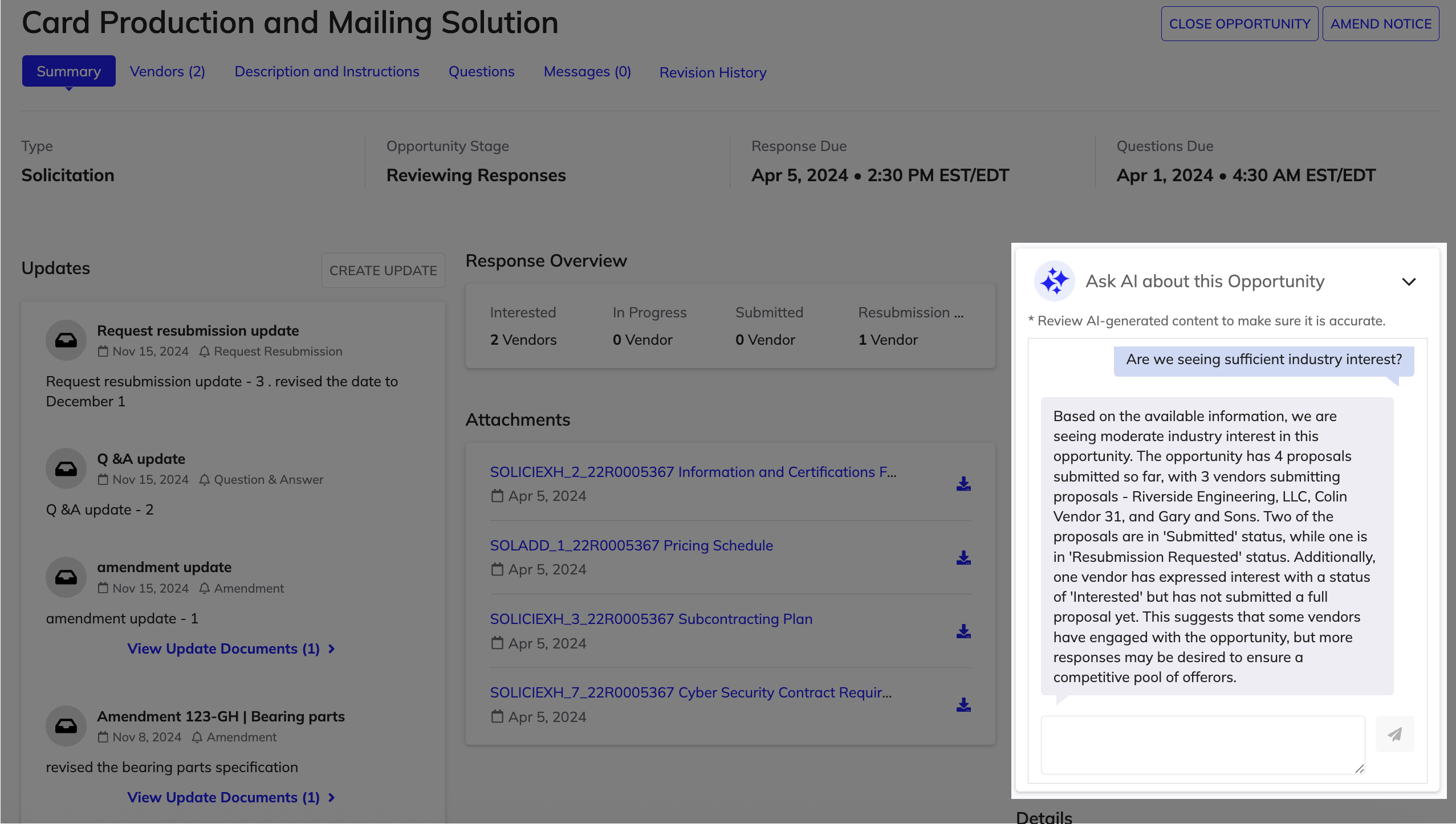 The AI-powered opportunity chat interface where users can ask questions about opportunity data, vendors, and proposals.