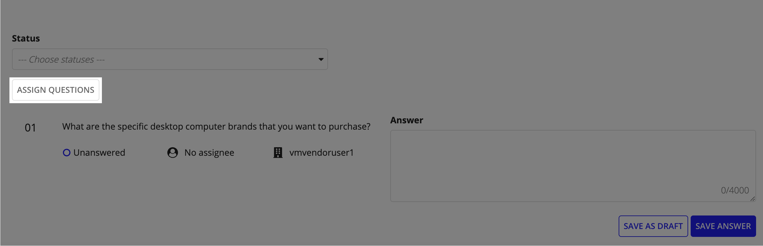 The Questions tab with the ASSIGN QUESTIONS button highlighted, allowing contracting users to delegate question responses to team members.