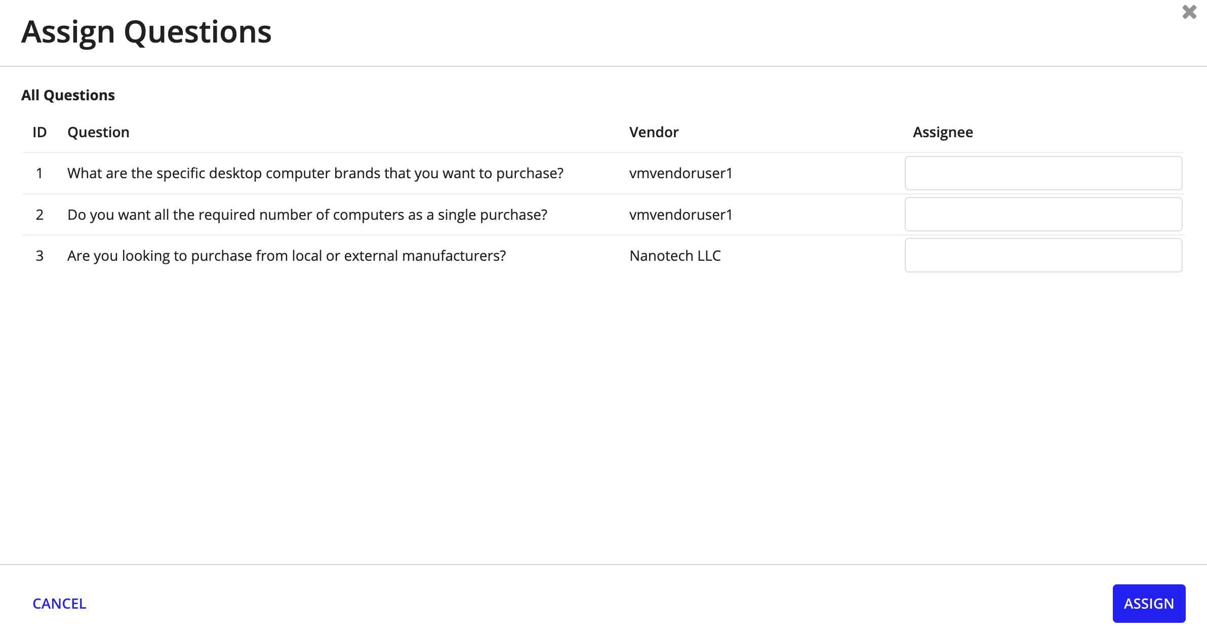 The Assign Questions dialog showing assignee selection for individual vendor questions, with an ASSIGN button to confirm.