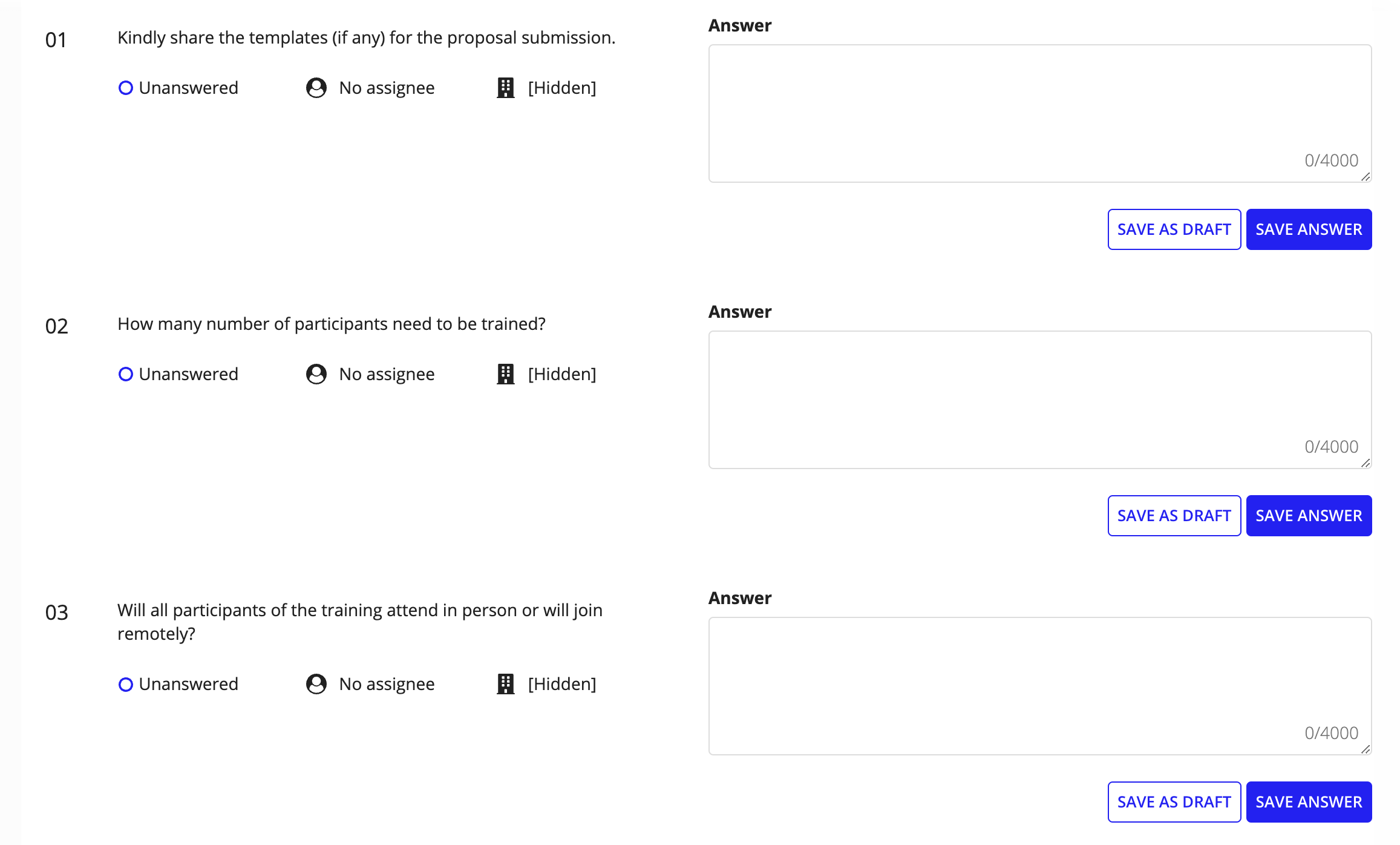 The Questions tab of a sealed bid opportunity with vendor names hidden until proposals are unsealed.