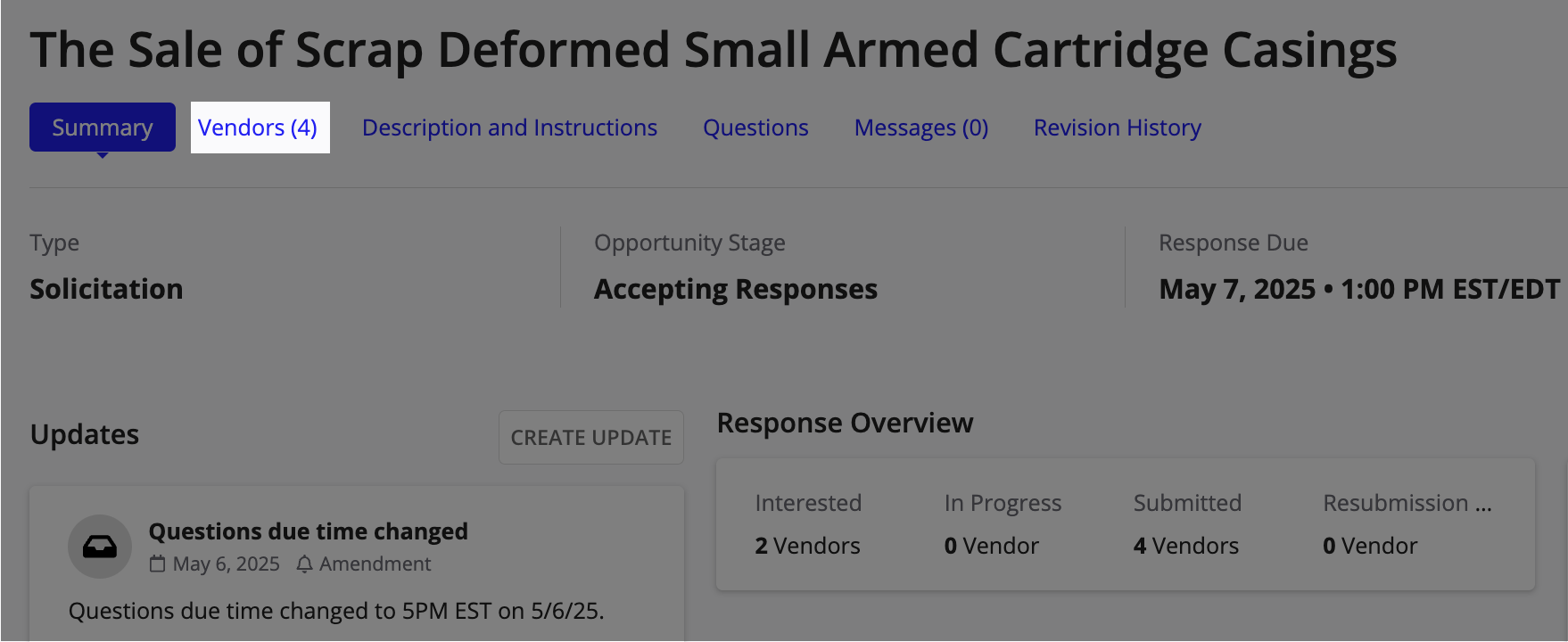 The Vendors tab selected in the Opportunity Summary view to display vendor proposals and submission details.