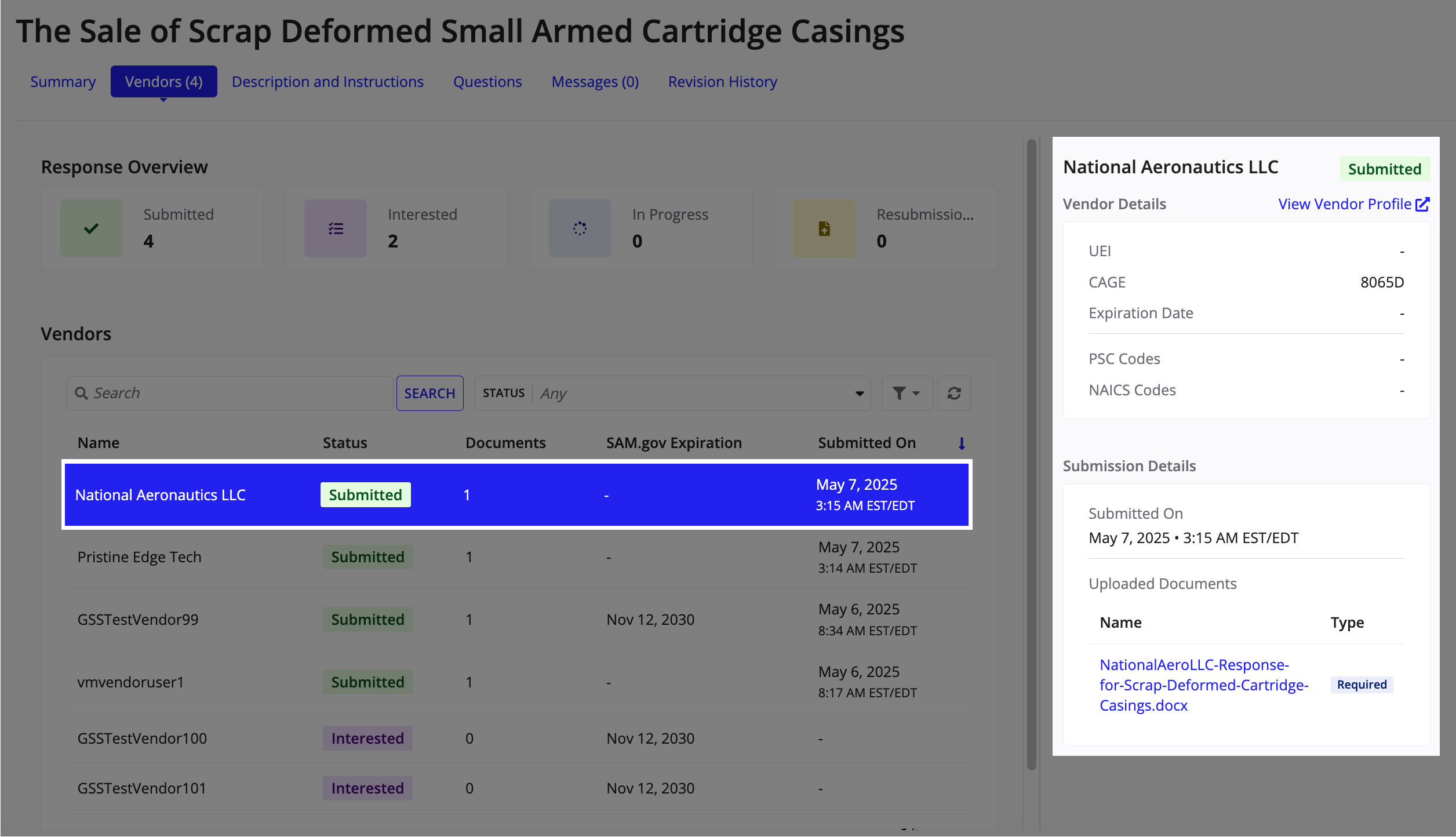 A vendor selected from the Vendors list to view their proposal details and submission documents.