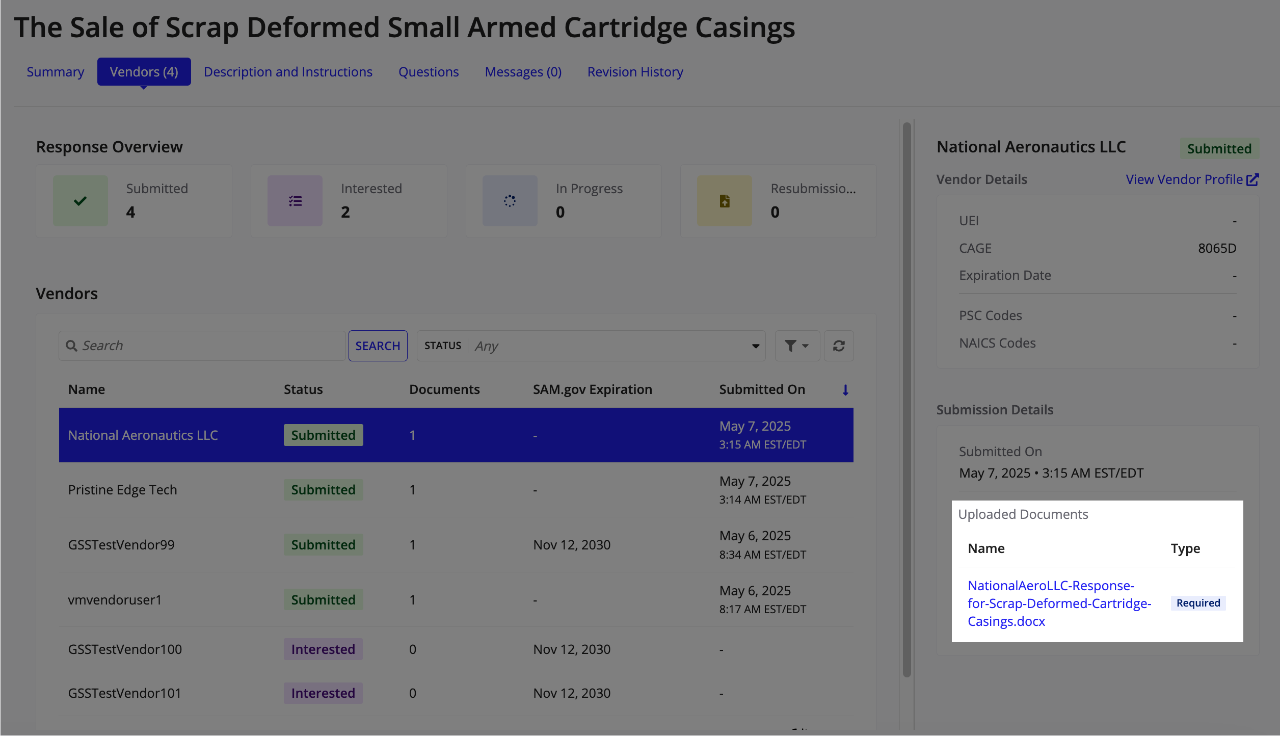 The Submission Details section showing submitted proposal documents available for review and download.