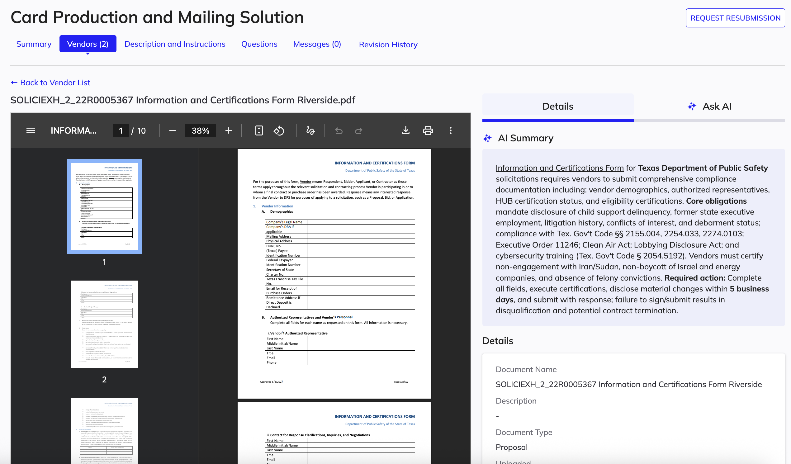 The AI-powered document chat interface in the Opportunity Summary view for extracting insights from proposal documents.