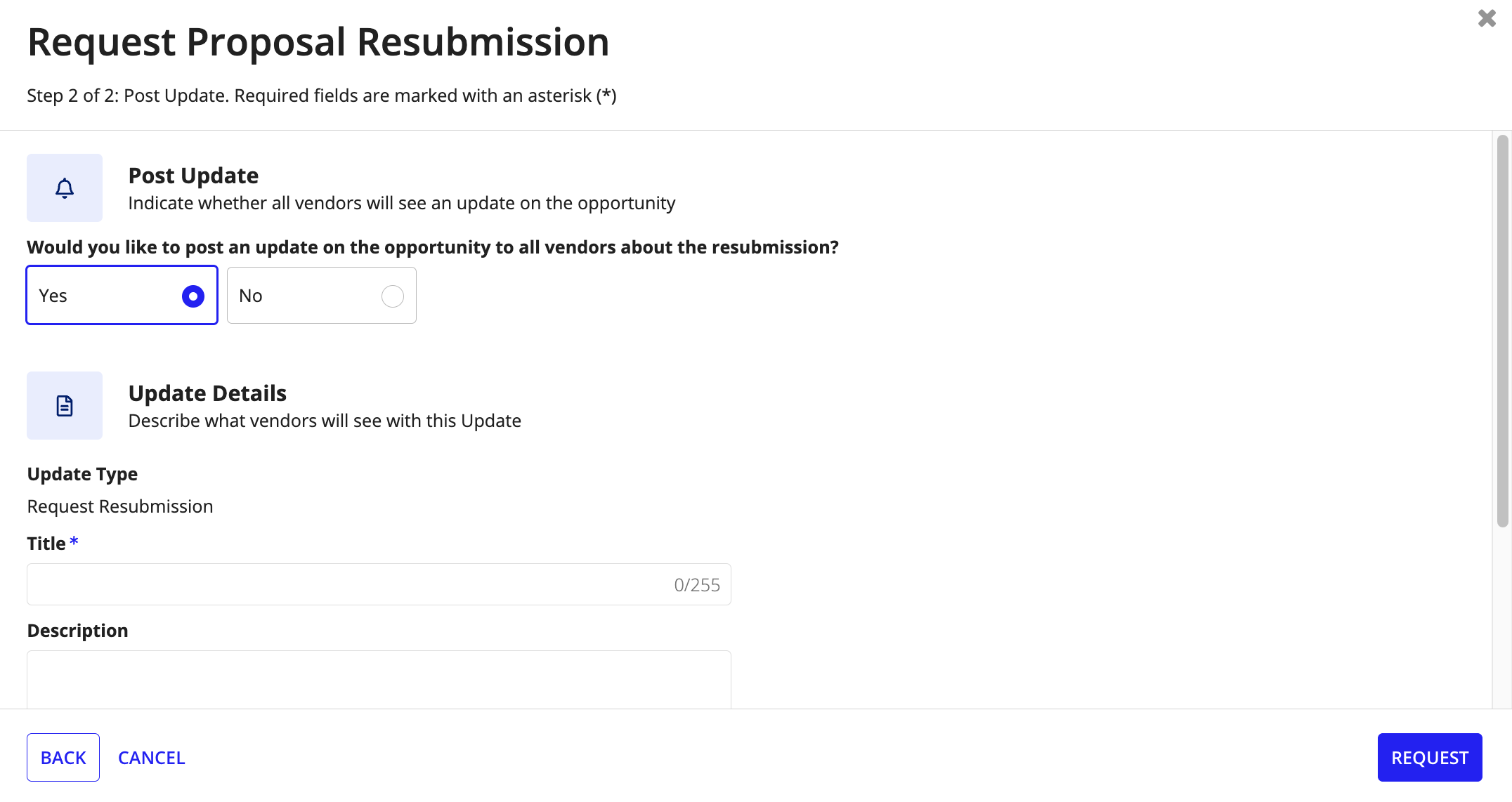 The Post Update section of the Request Proposal Resubmission dialog with options to post an update and notify vendors about the resubmission.