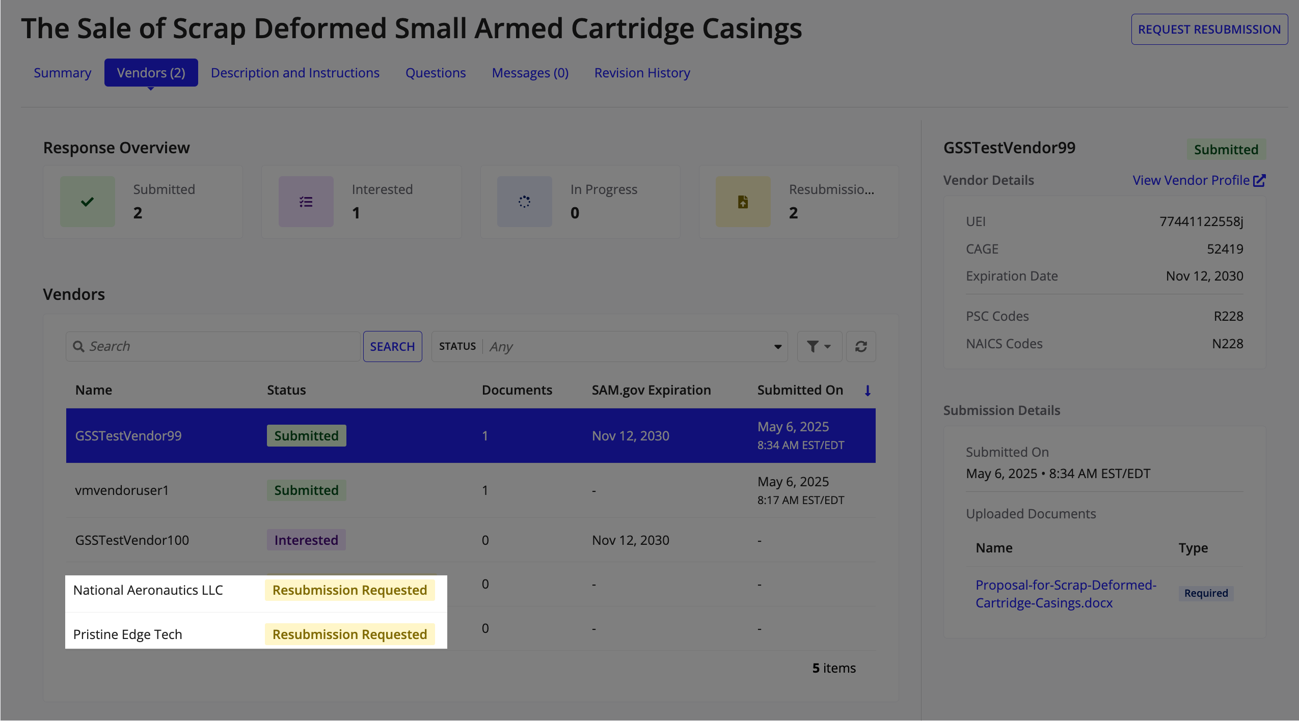 The Vendors section showing the vendor submission status updated to Resubmission Requested after a resubmission request.