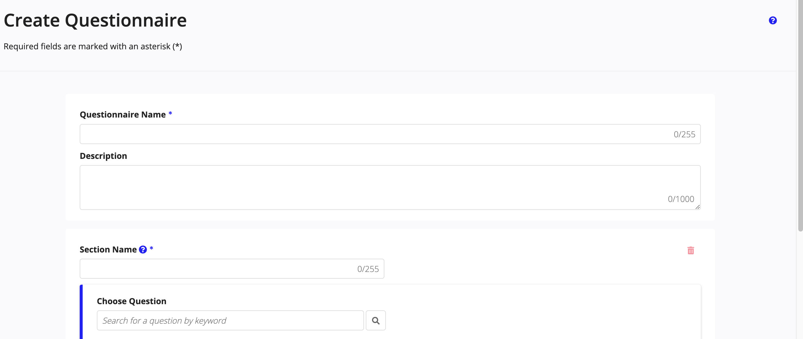 The Create Questionnaire form with fields for Questionnaire Name and Description.