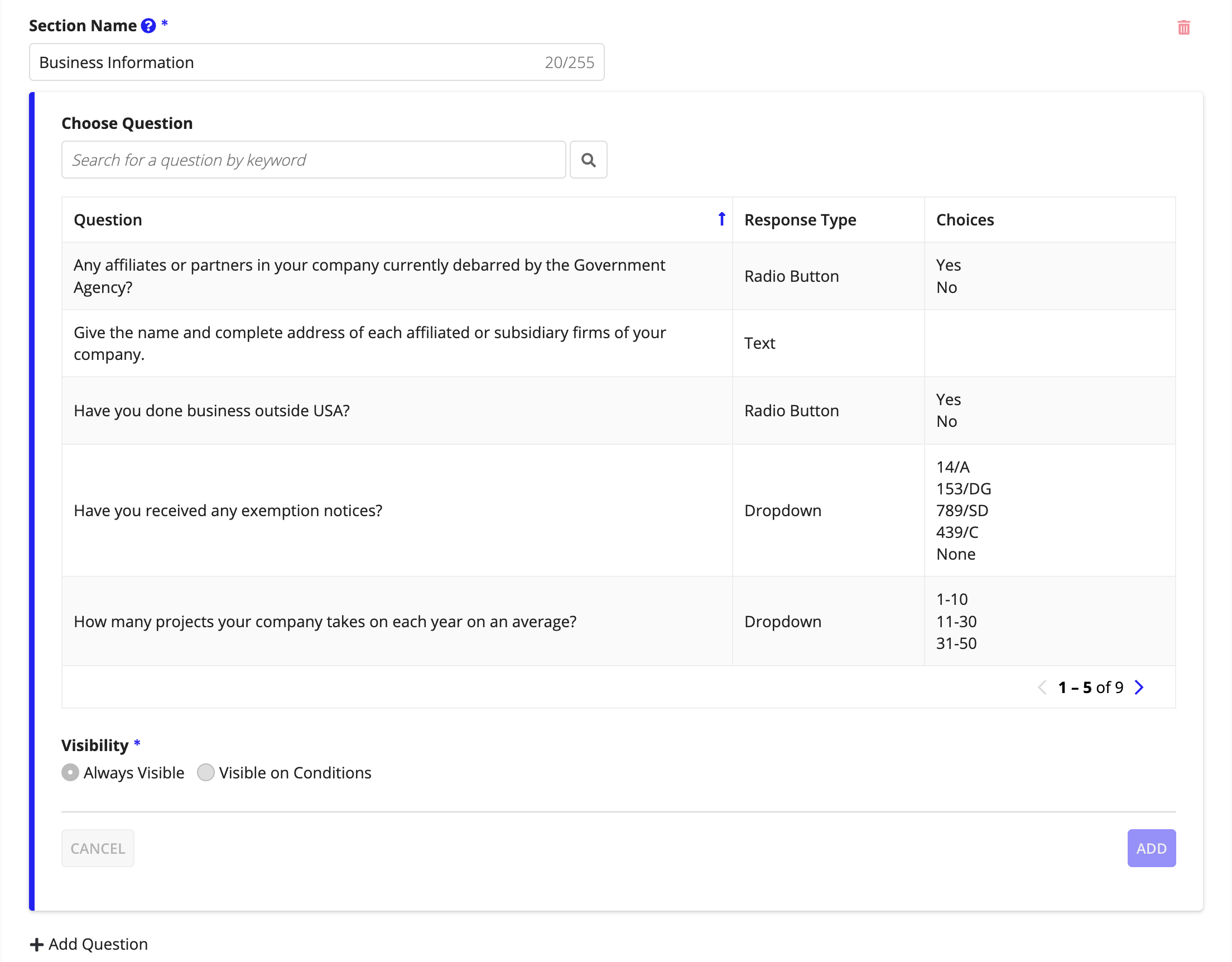 The Section Name field and Choose Question search grid for selecting questions to add to the questionnaire section.