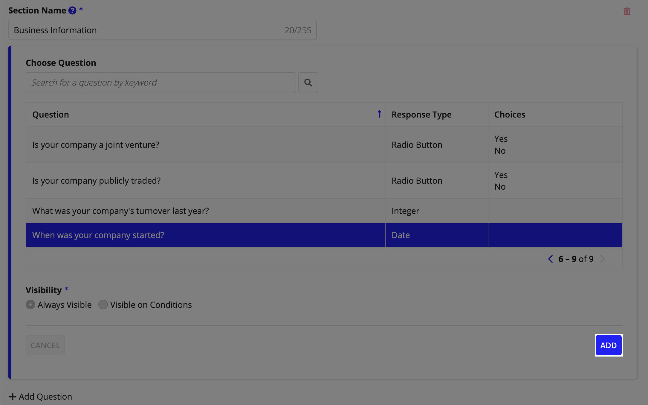 A selected question ready to be added to the section, with the ADD button to confirm the selection.