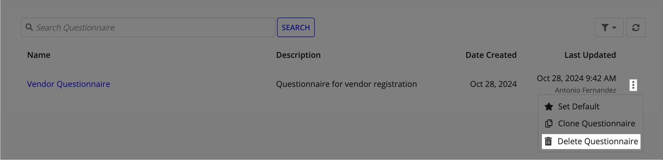 The vertical ellipsis menu for a questionnaire showing the Delete Questionnaire option.