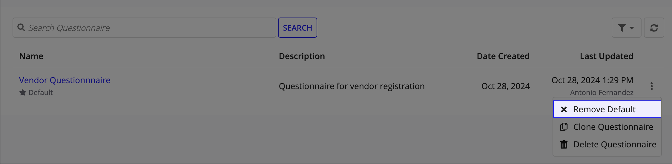 The vertical ellipsis menu for the default questionnaire showing the Remove Default option.