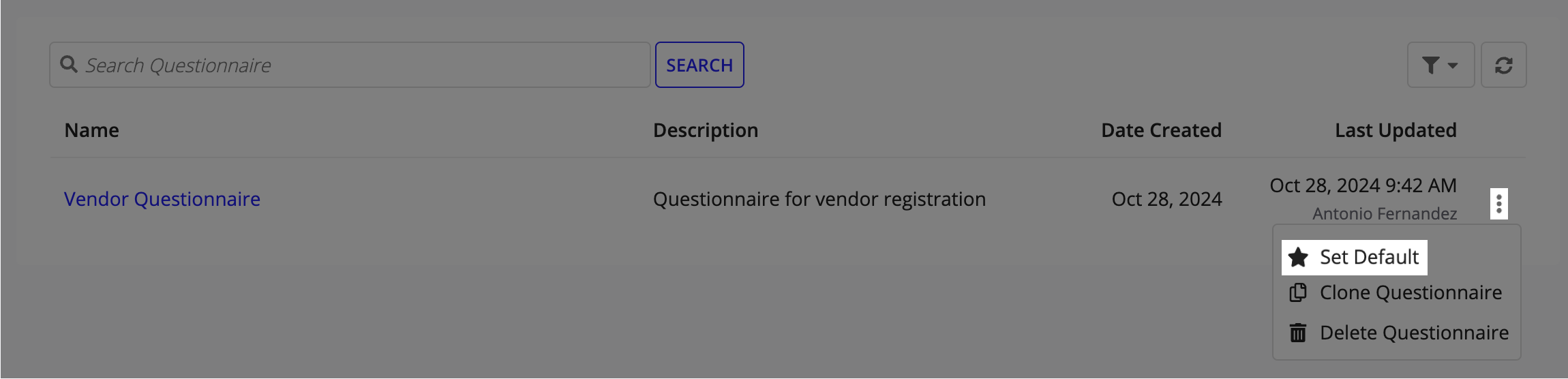 The vertical ellipsis menu for a questionnaire showing the Set Default option.
