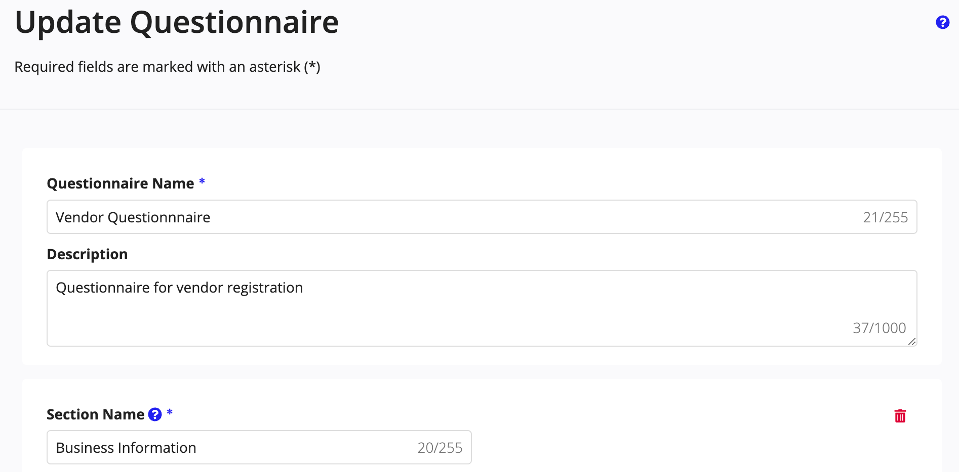 The Edit Questionnaire form showing editable fields for Questionnaire Name, Description, and Section Name.
