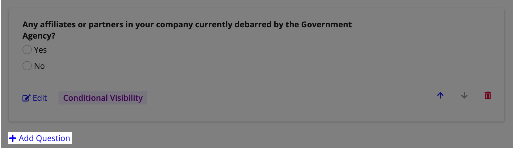 A questionnaire section with the Add Question button to include additional questions.