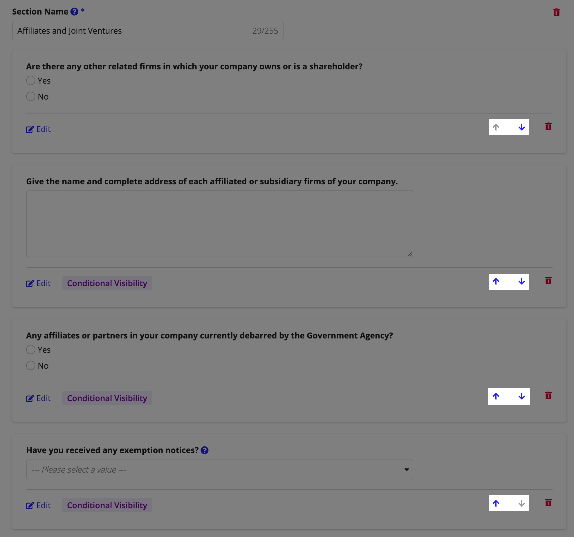 The question list in the Edit Questionnaire view with up and down arrow buttons to reorder questions within a section.