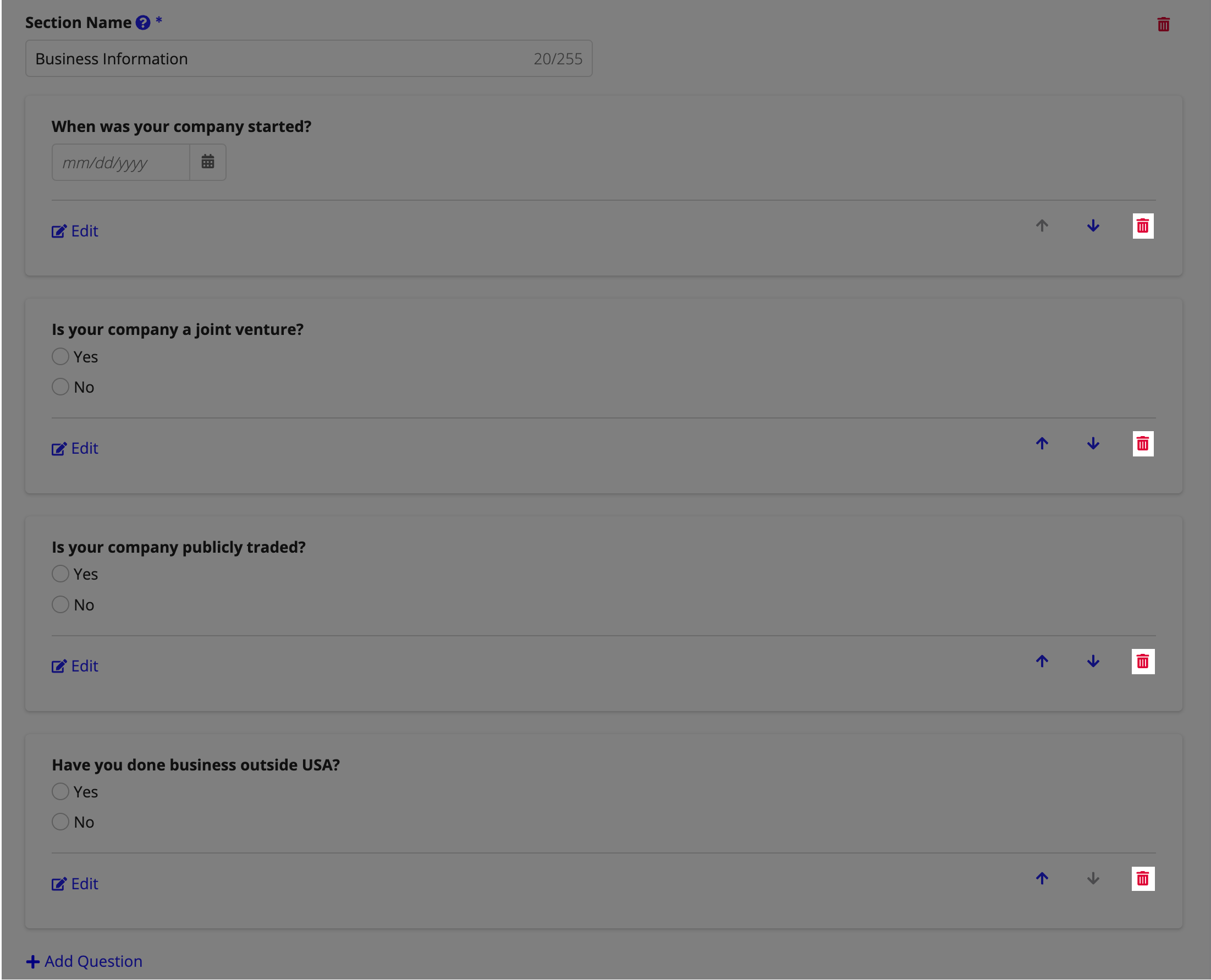 A questionnaire section showing the red trash icon next to each question for deletion.