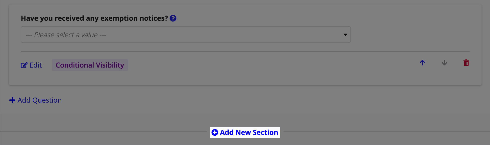 The Edit Questionnaire view with the Add New Section button to add another section to the questionnaire.