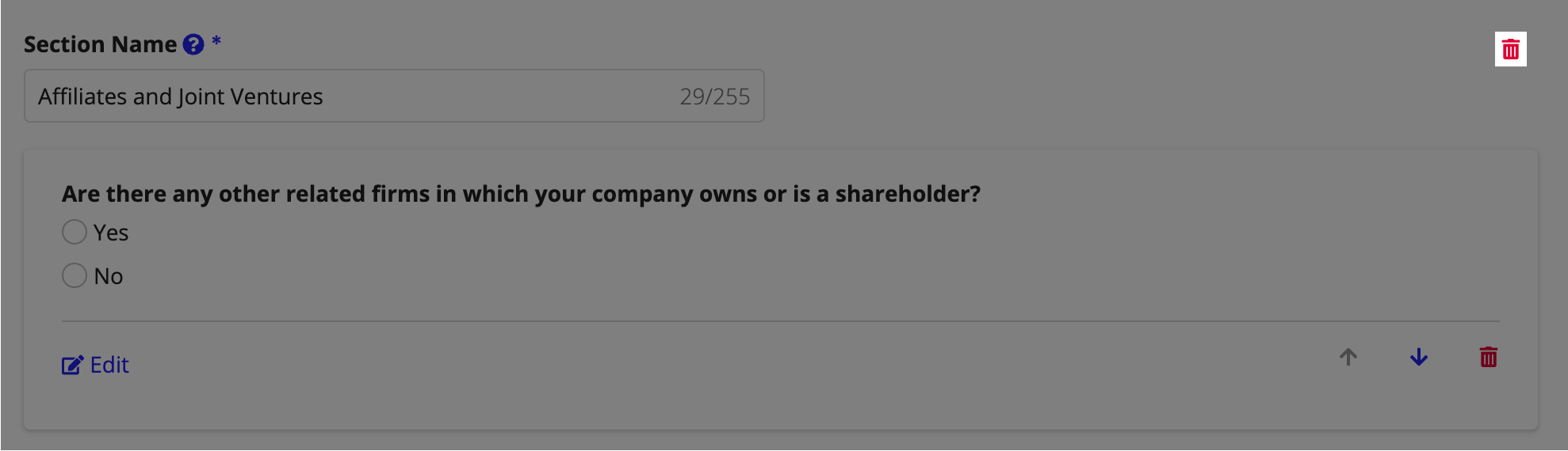A questionnaire section showing the red trash icon next to the section name for deleting the entire section.
