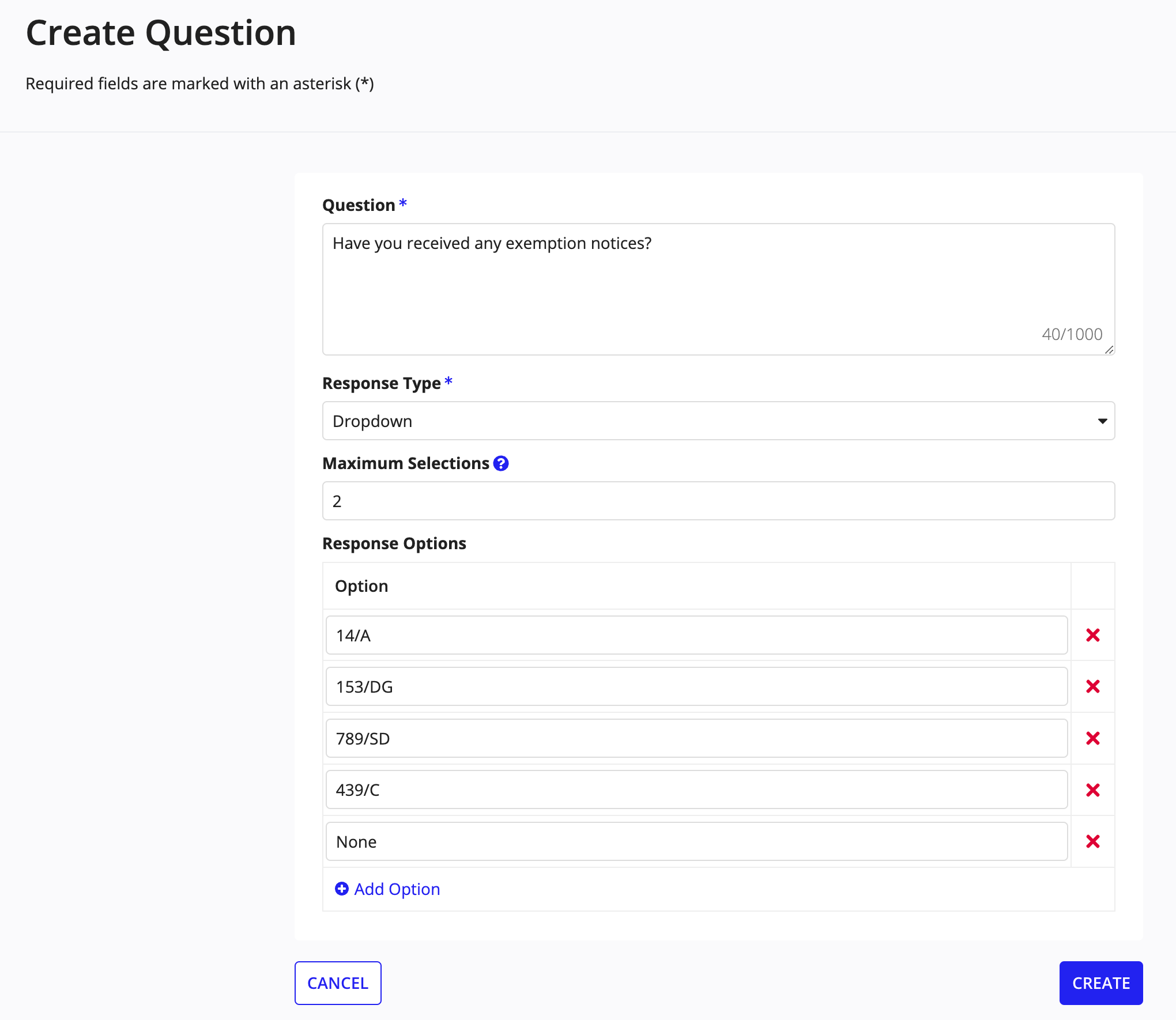 The Create Question form with fields for Question text and Response Type selection.