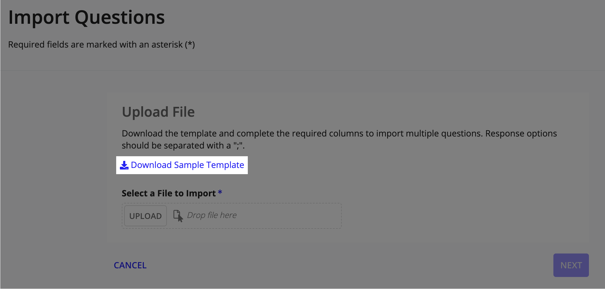 The Import Questions page with the Download Sample Template link to get the XLSX template for bulk question import.