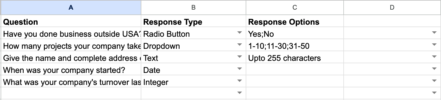 The sample XLSX template file with Question, Type, and Response columns filled in with example data.