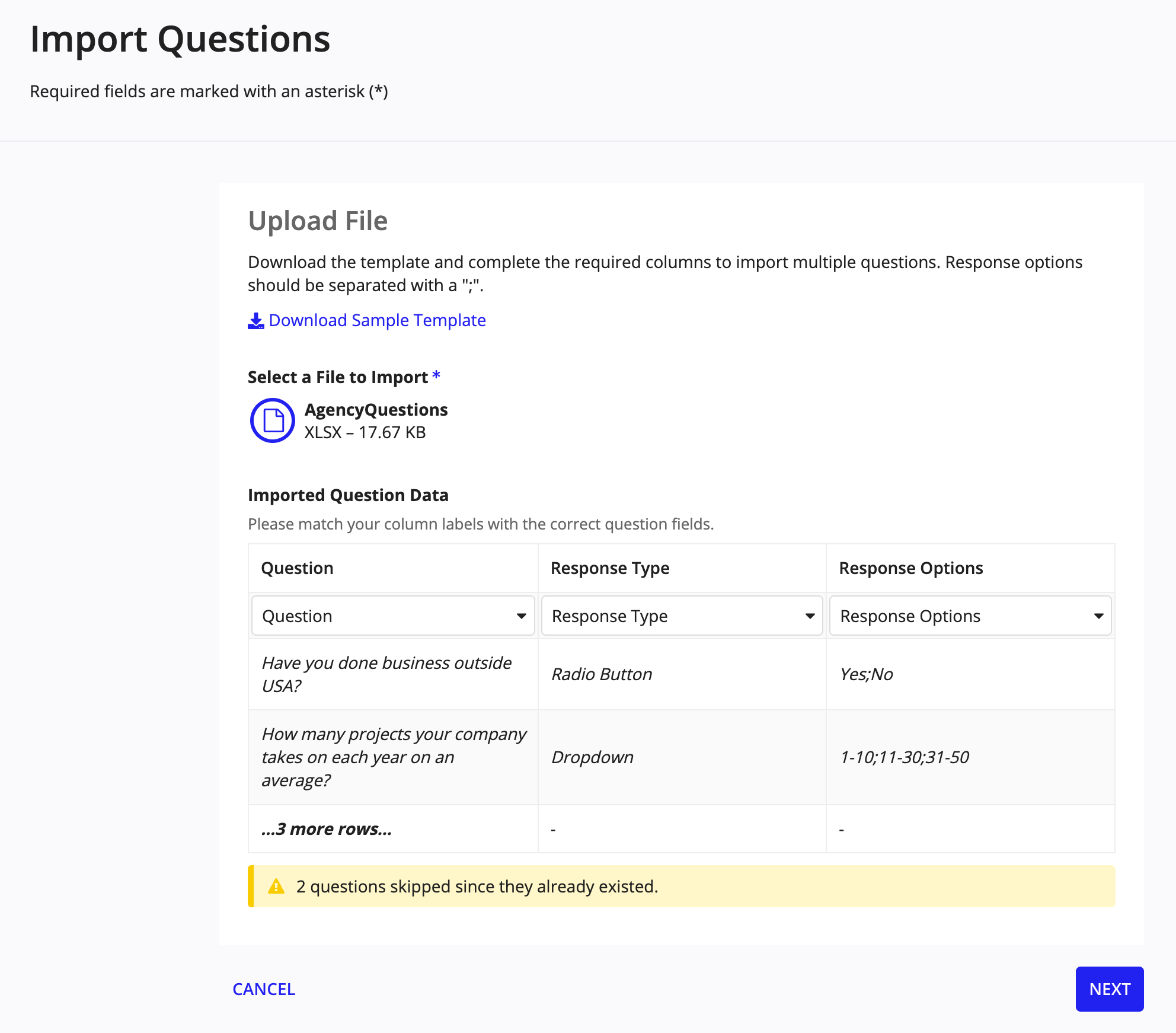 A preview of the uploaded question data showing the parsed questions, types, and responses before import.