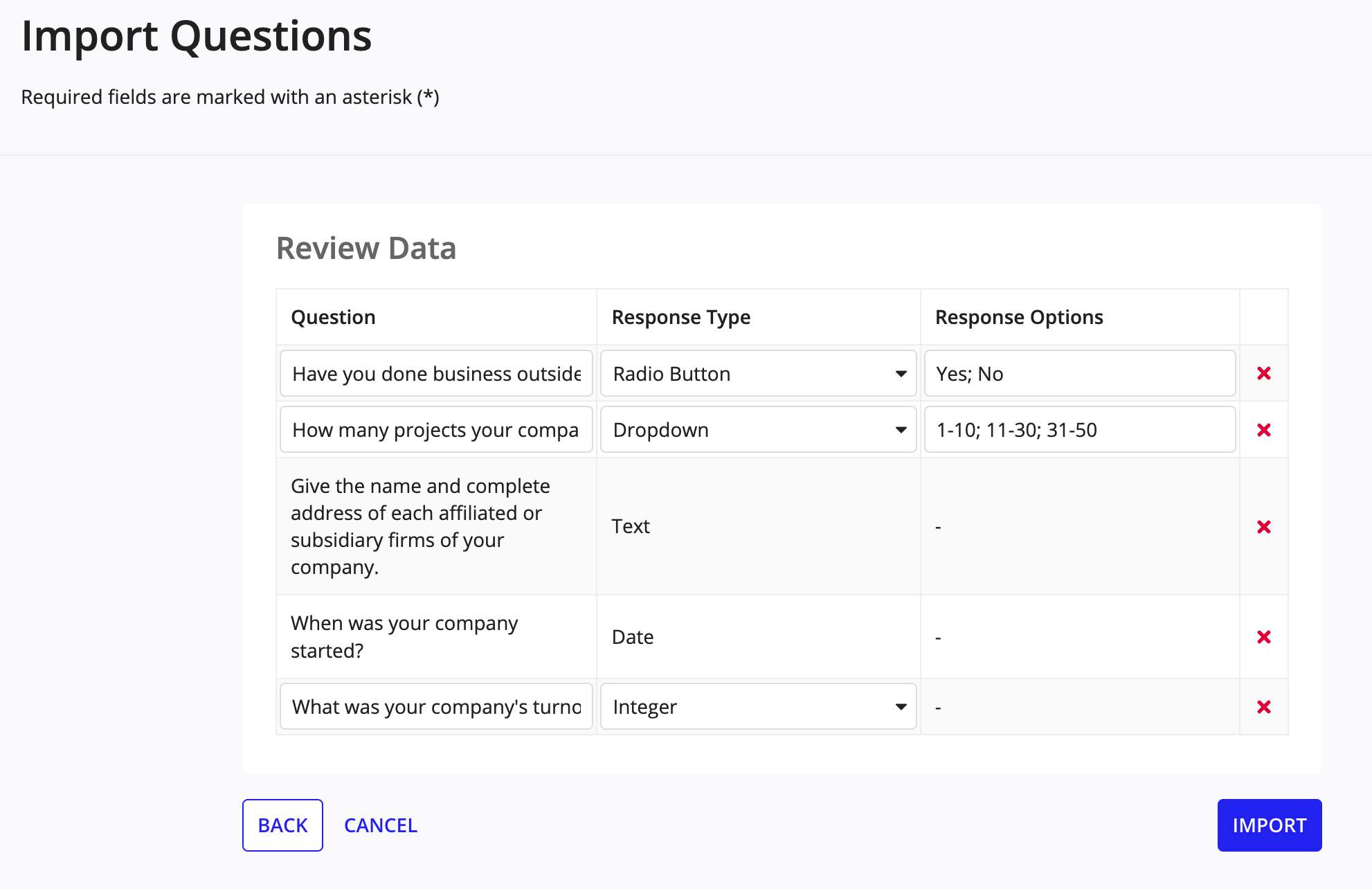 The Review Data page displaying the imported questions for verification before finalizing the import.