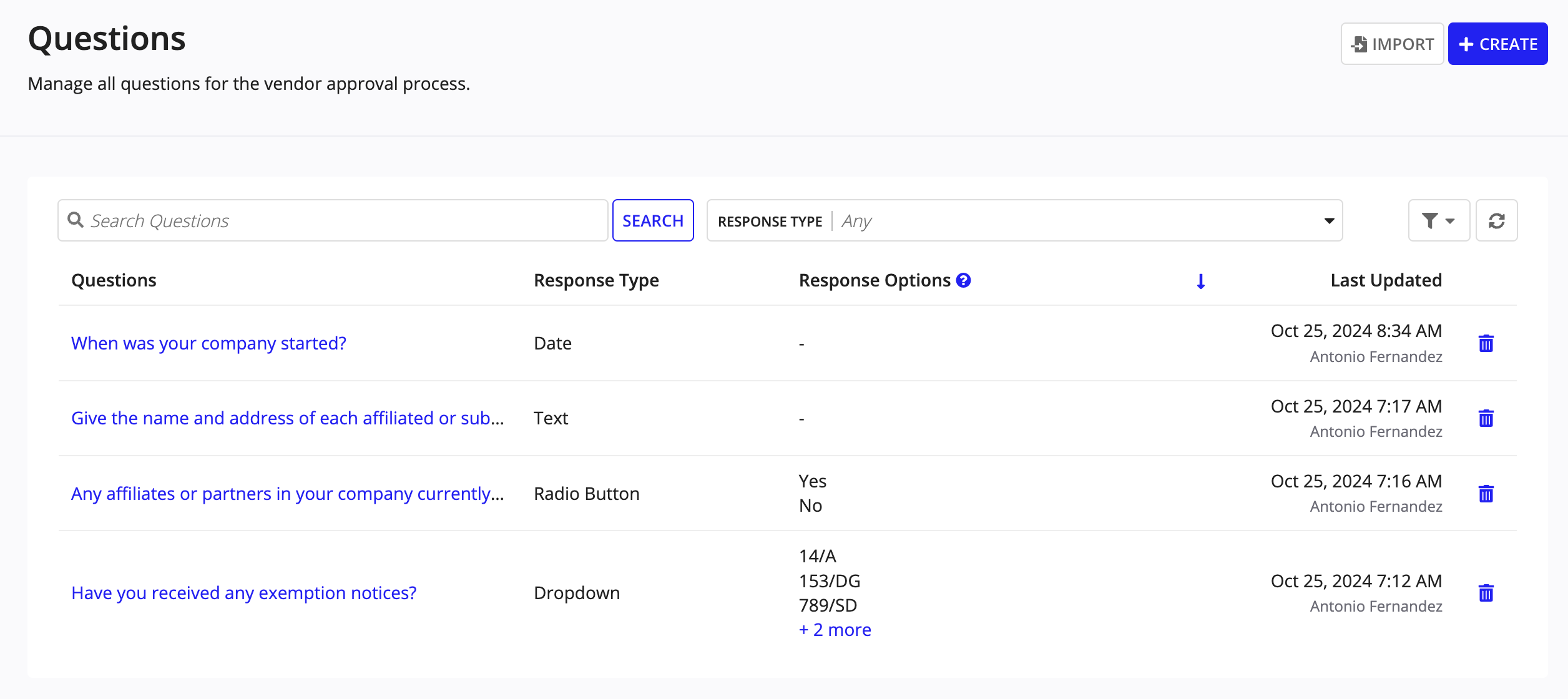 The Questions page showing a list of existing questions with columns for question text, response type, response options, and last modified date.