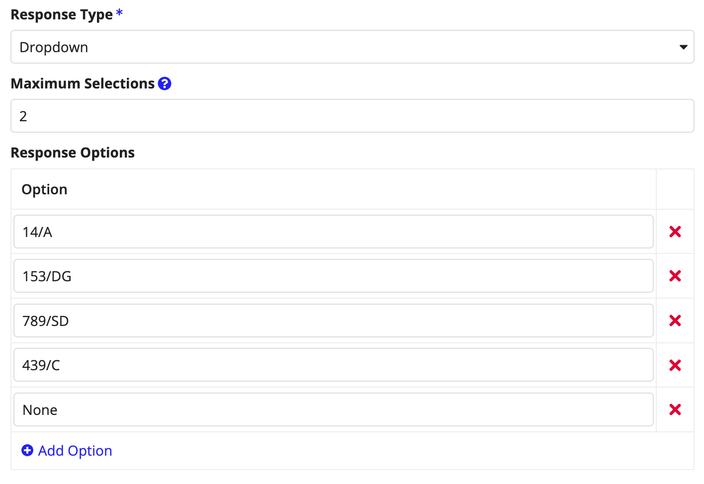 A dropdown question type example showing multiple selectable answer options for vendors.