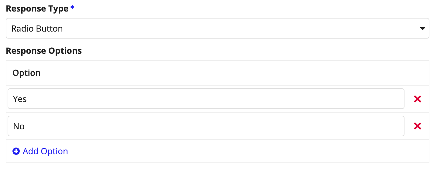 A radio button question type example showing single-select answer options for vendors.