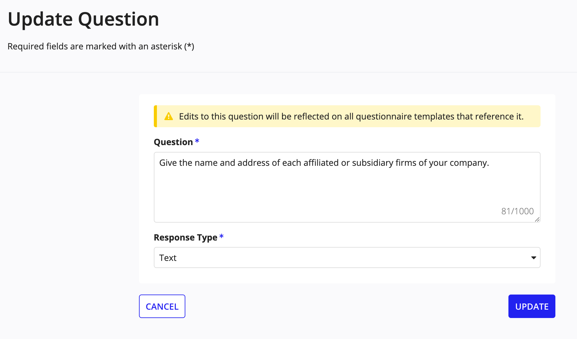 The Questions page with a question selected for editing, showing the question text and response options.