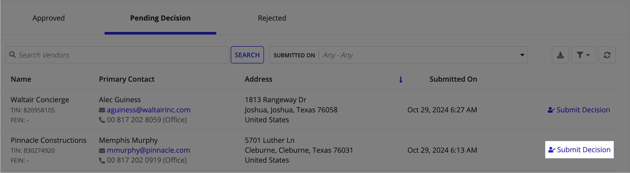 The Pending Decision tab with the Submit Decision link highlighted for a vendor whose registration is pending.